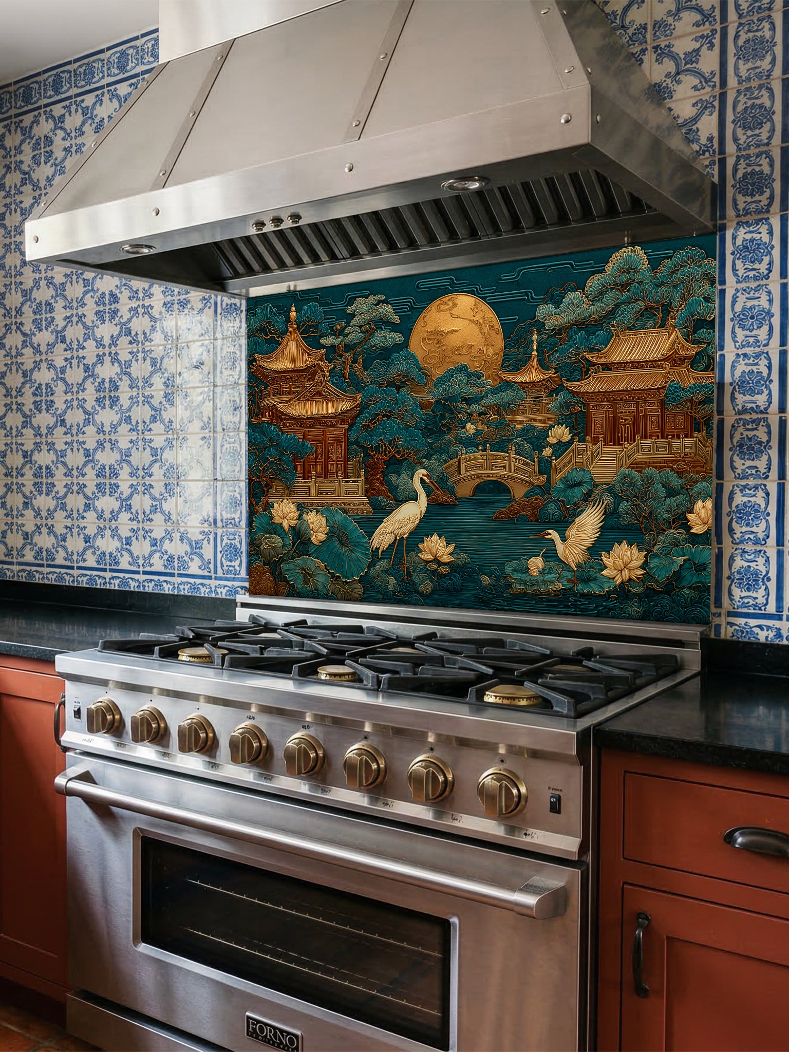 Faux 3D sculpted relief of an Asian landscape featuring golden pagodas, cranes, and a full moon against a deep teal background, UV printed on a smooth tempered glass kitchen backsplash.