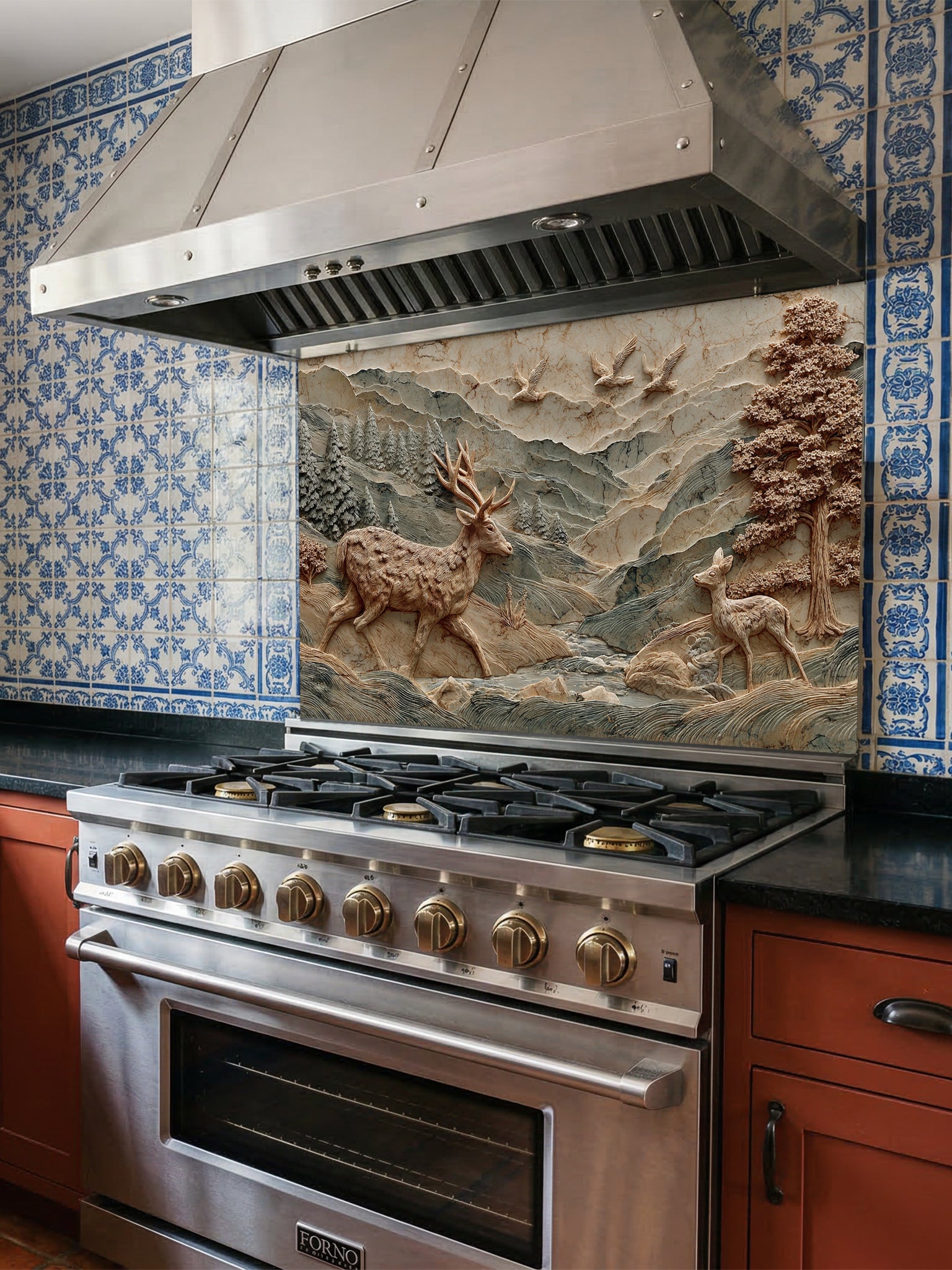 Tempered glass kitchen backsplash featuring a highly realistic 3D illusion of an intricately carved wooden bas-relief sculpture showing a majestic stag and a fawn wandering through a textured mountain and pine forest landscape, installed behind a modern black stove.