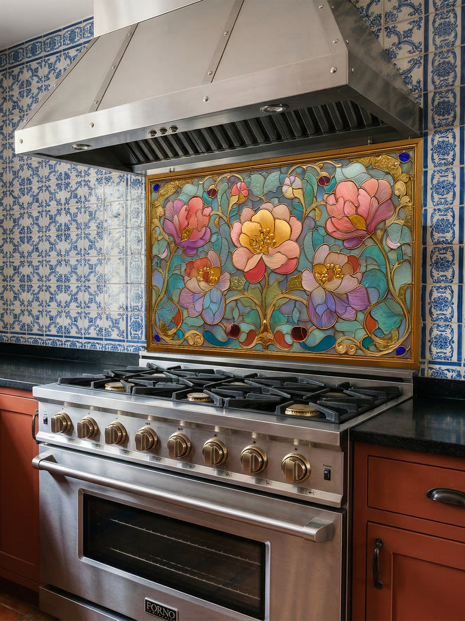 Stained glass style Art Nouveau floral pattern with pink and gold flowers inside an ornate faux-gold frame, UV printed on a smooth tempered glass kitchen backsplash, installed behind a modern stove.