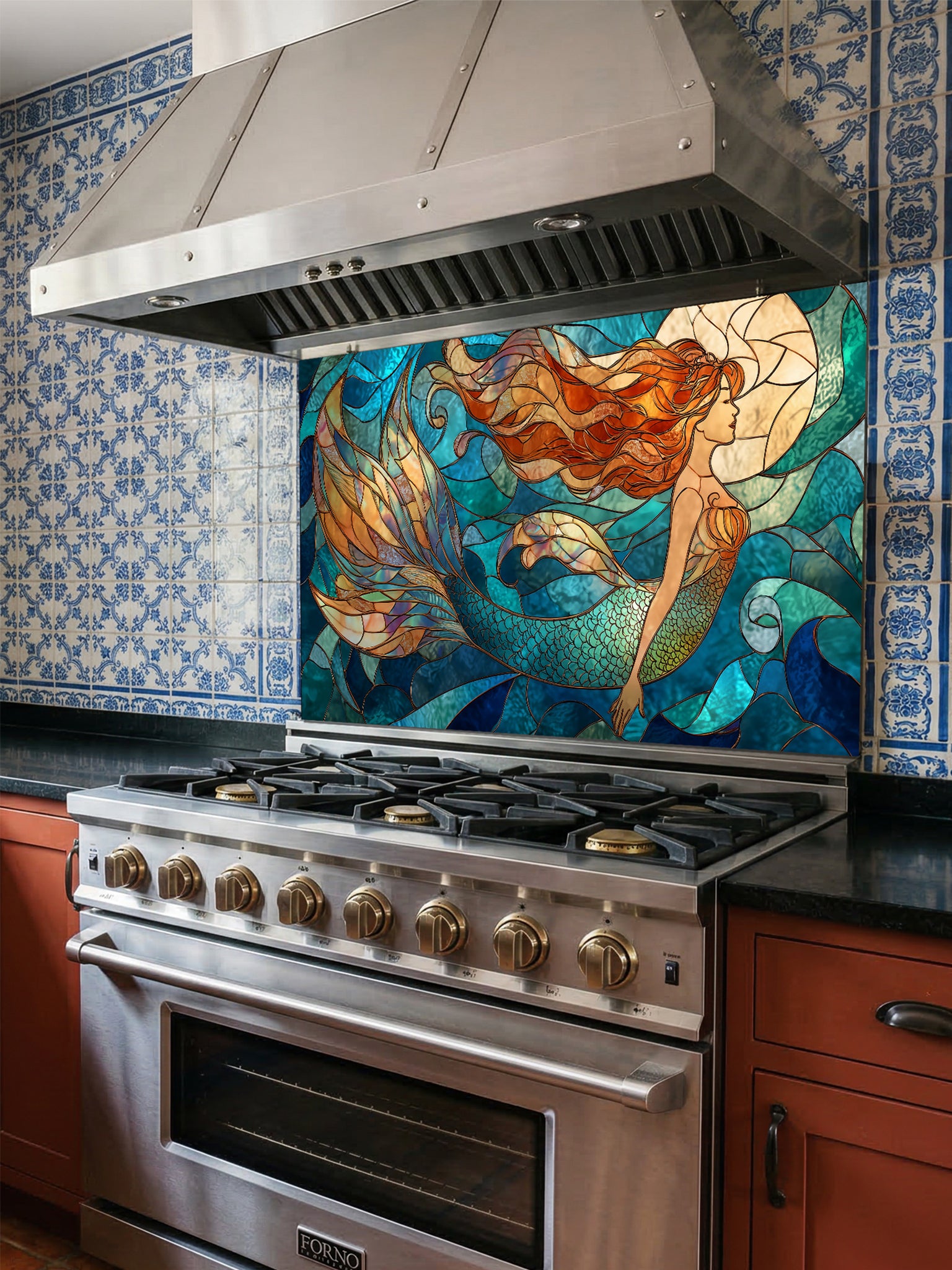 Tempered glass kitchen backsplash featuring a vibrant faux stained glass design of a graceful mermaid with flowing hair swimming in a blue ocean under a glowing moon, installed behind a modern stainless steel stove.