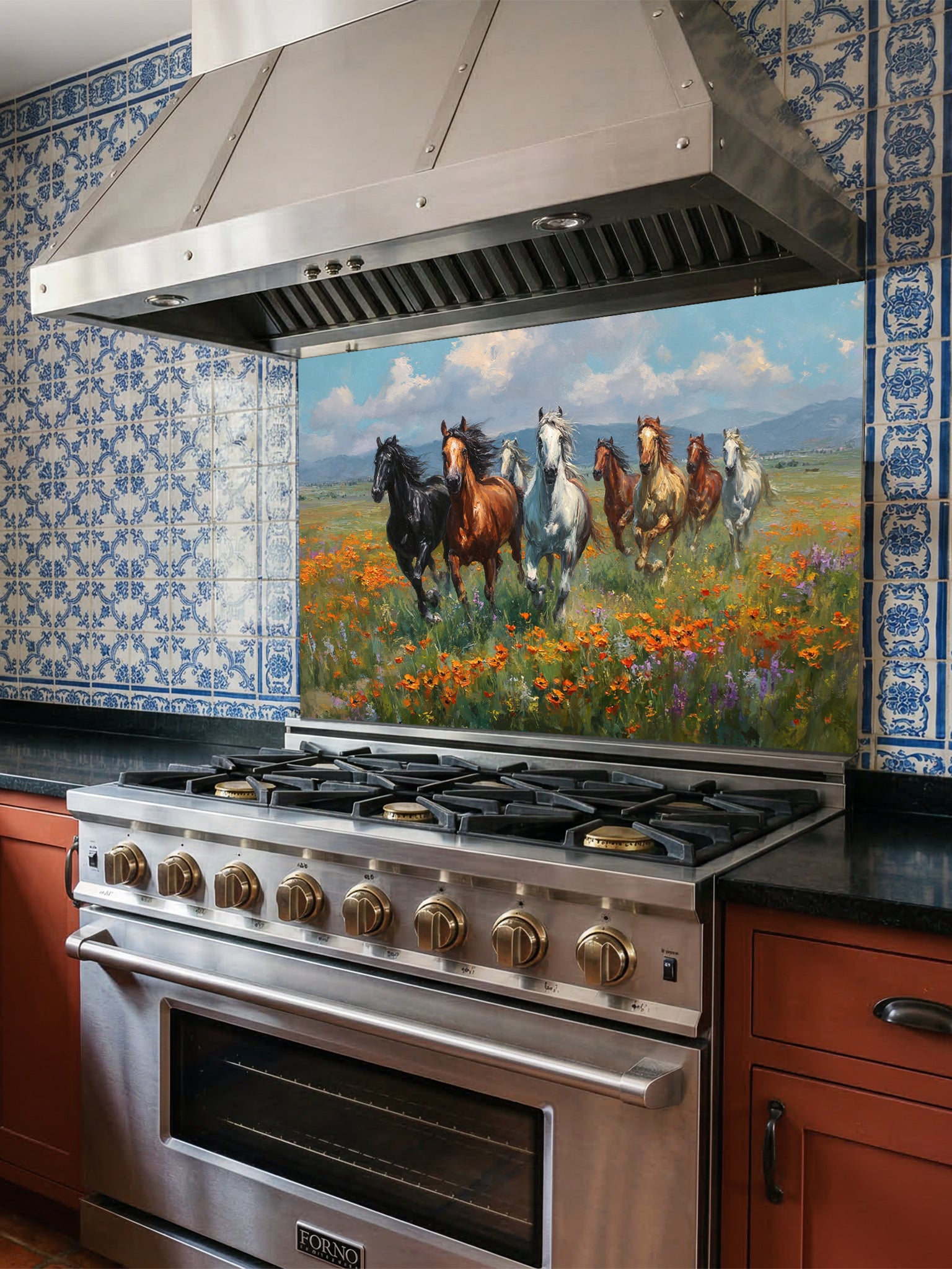Stainless steel oven with decorative glass backsplash featuring horses and flowers