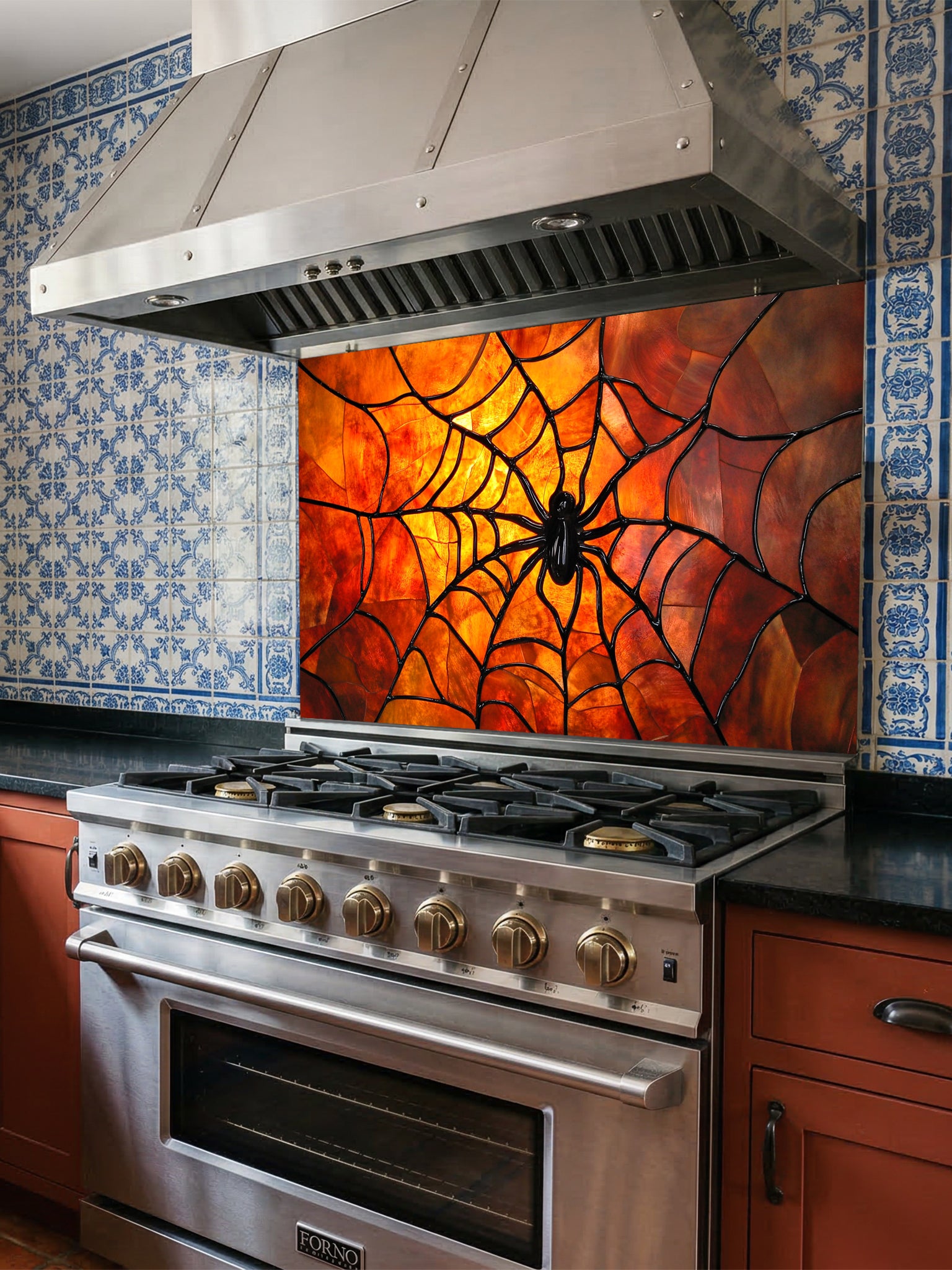 Tempered glass kitchen backsplash featuring a highly realistic 3D illusion of stained glass art showing a black spider in the center of a glowing amber and orange spider web, installed behind a modern black stove.