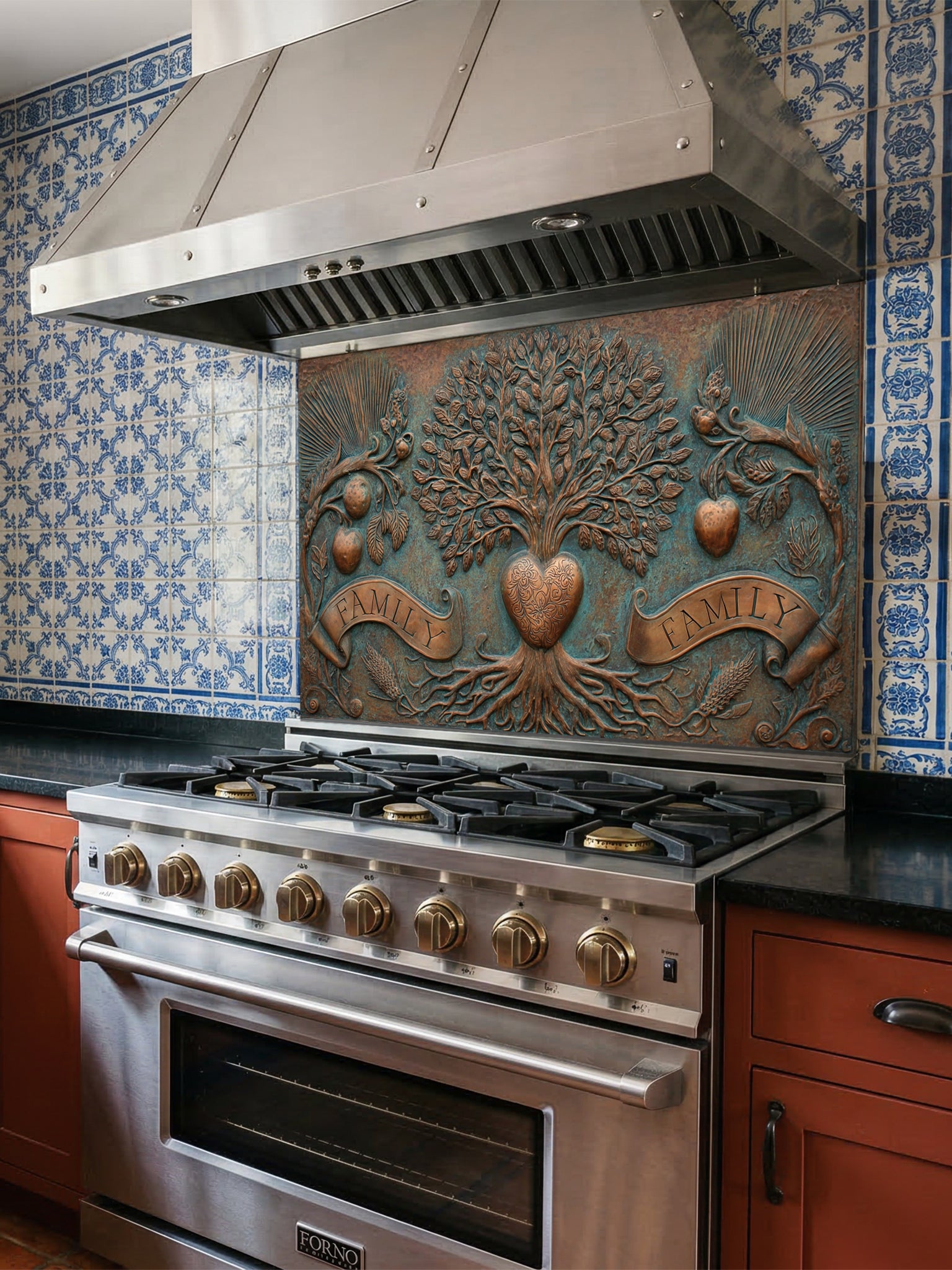 Faux 3D sculpted bronze and copper relief of a family tree of life with a heart and banners reading 'FAMILY' against an oxidized patina background, UV printed on a smooth tempered glass kitchen backsplash.