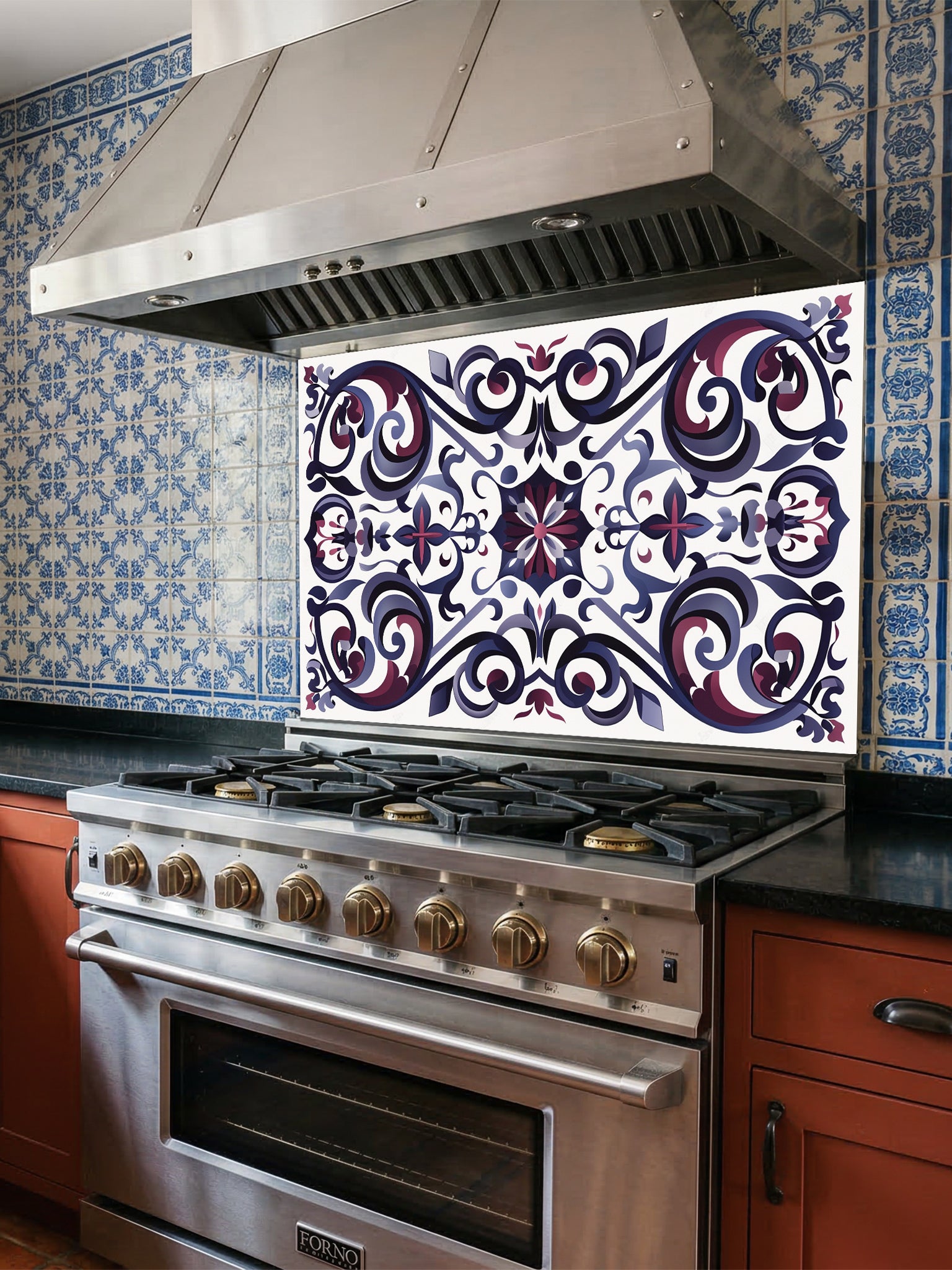 Tempered glass kitchen backsplash featuring a highly realistic illusion of classic Mediterranean or Moroccan tiles, showcasing an elegant, symmetrical Damask pattern in deep navy blue, plum, and grey on a white background, installed behind a modern black stove.