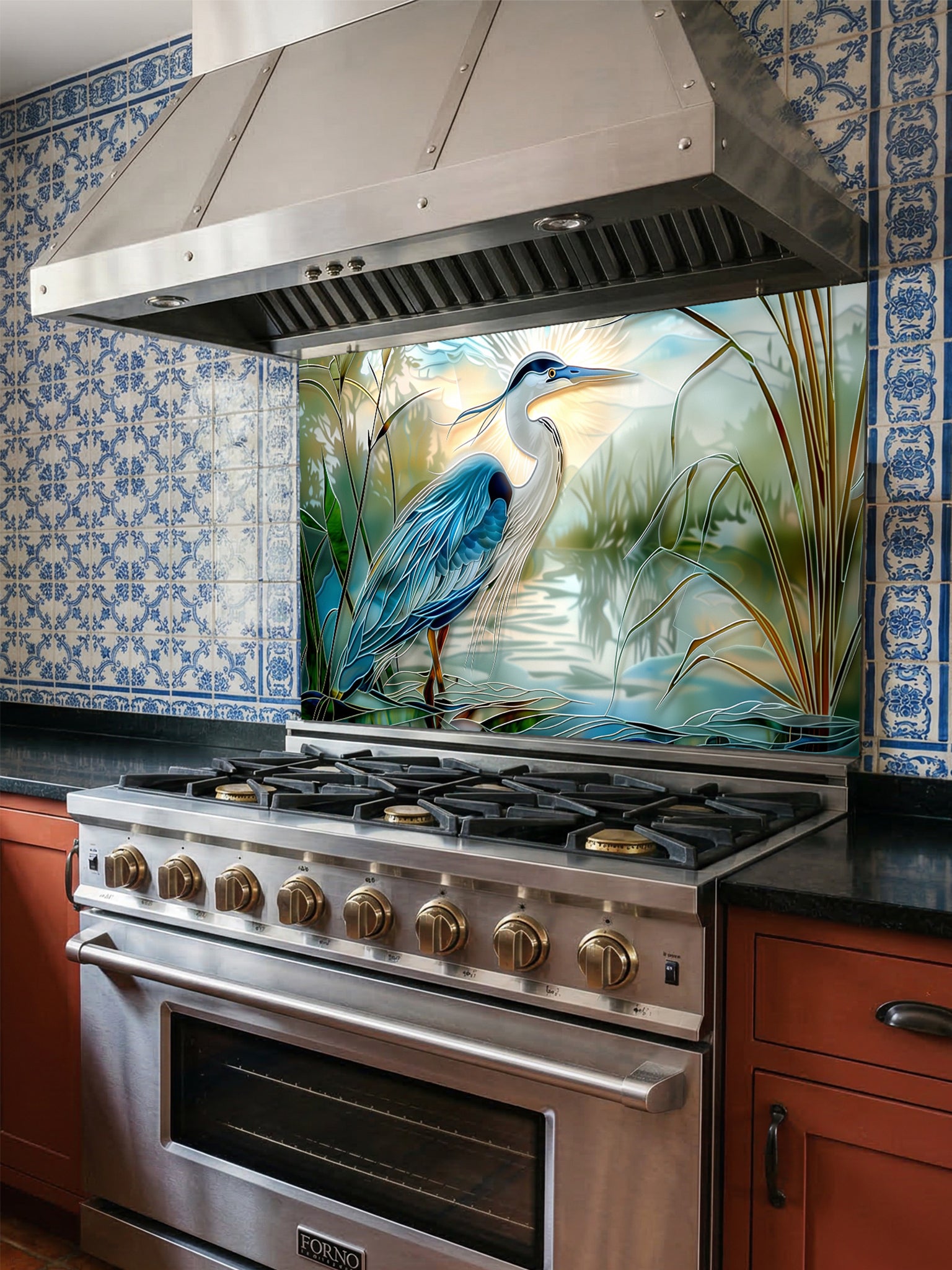 Tempered glass kitchen backsplash featuring a bright faux stained glass design of a majestic blue heron standing in a wetland, with bright sun rays radiating like a halo from behind its head, installed behind a modern stainless steel stove.