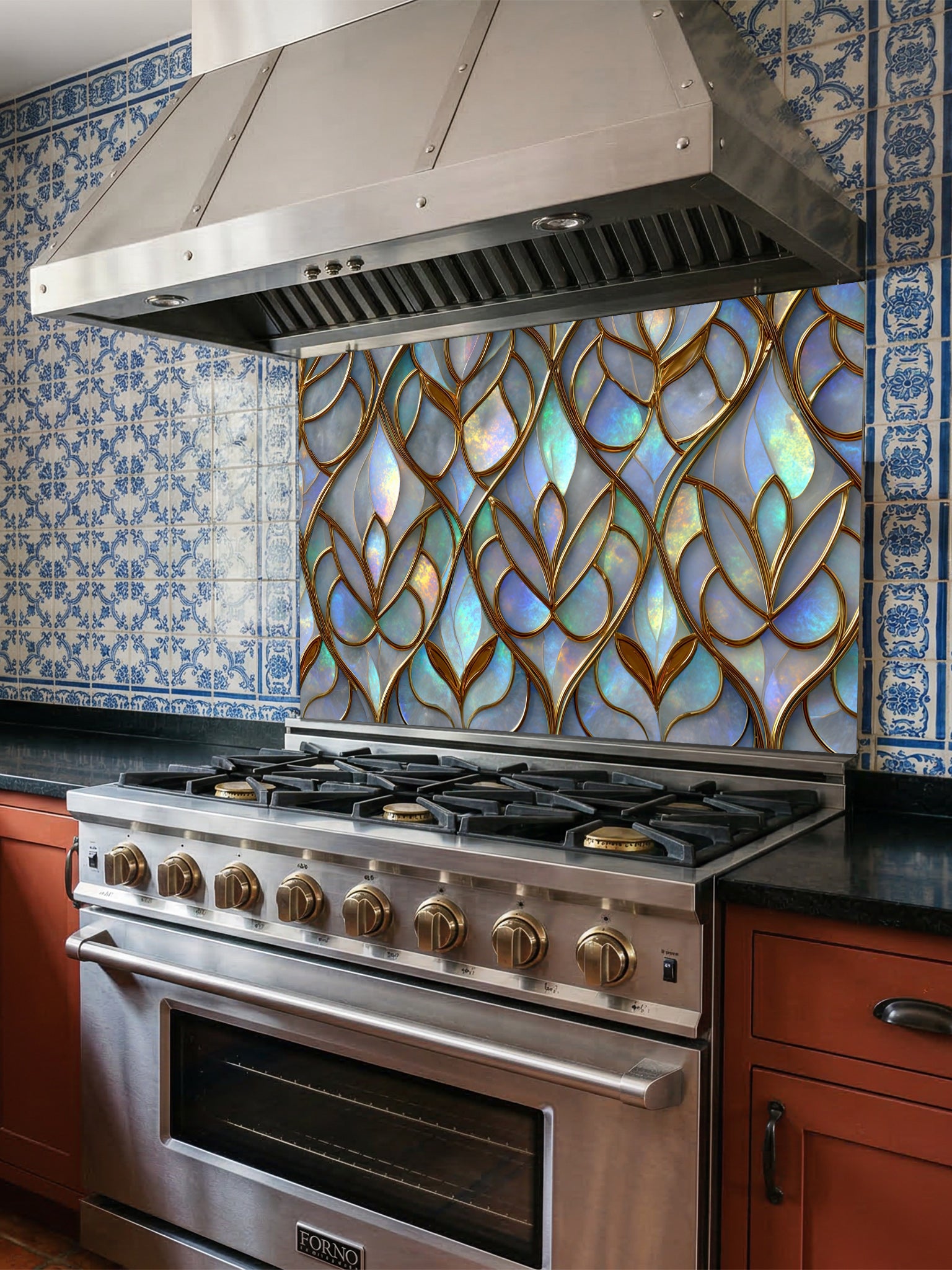 Tempered glass kitchen backsplash featuring a highly realistic 3D illusion of Art Nouveau stained glass showing an elegant repeating leaf pattern with iridescent opal and pearl inlays outlined in rich gold filigree, installed behind a modern stainless steel stove.