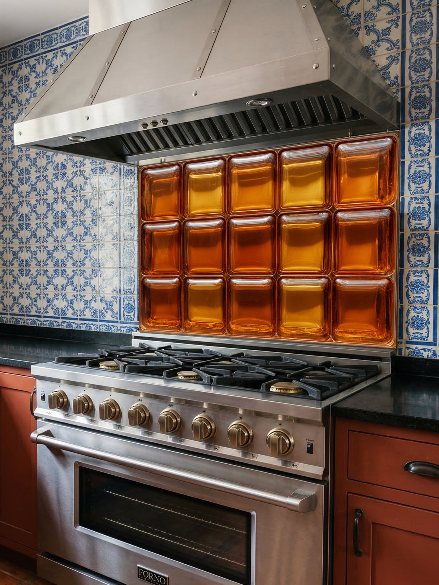 Tempered glass kitchen backsplash featuring a highly realistic 3D illusion of textured retro glass blocks in glowing, warm shades of amber and honey gold, installed behind a modern stainless steel stove.