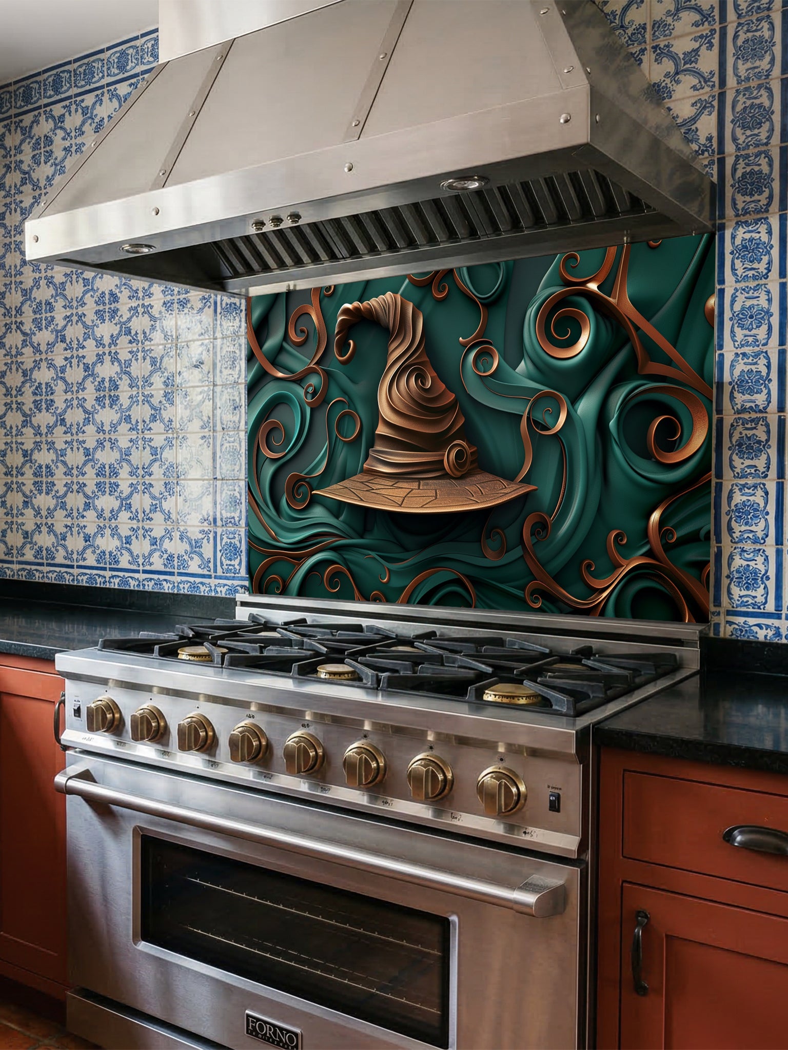Tempered glass kitchen backsplash featuring a highly realistic 3D illusion of a sculpted, crooked bronze witch hat surrounded by heavy, flowing emerald green and copper ribbon-like swirls, installed behind a modern black stove.
