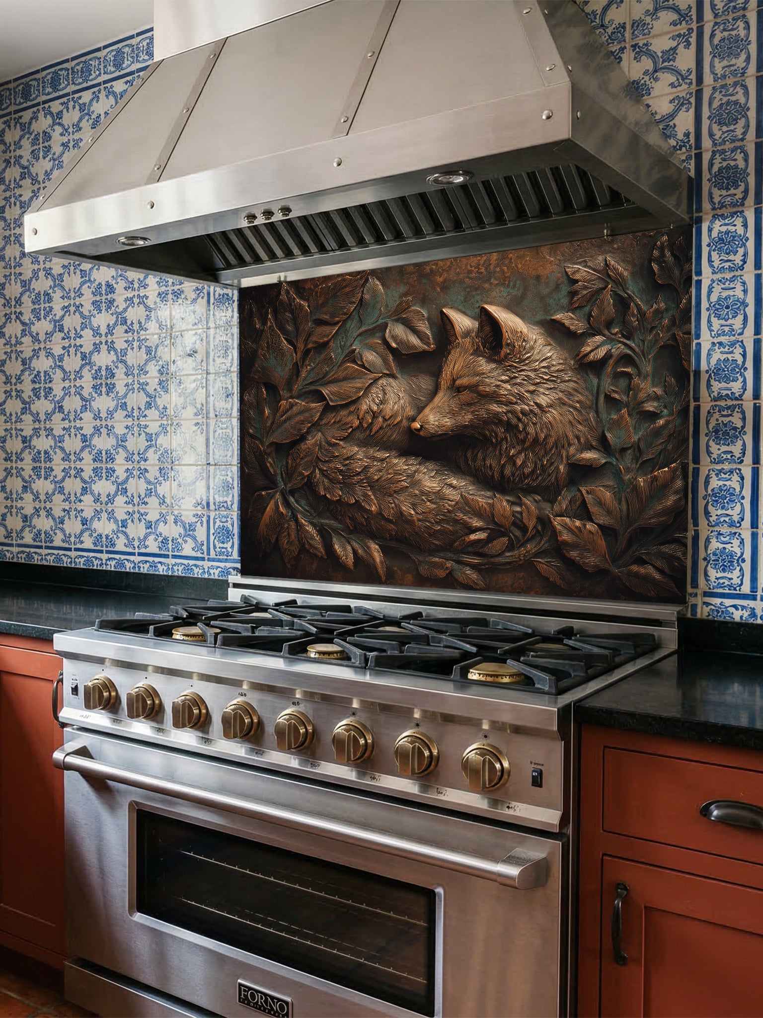 A sleek kitchen featuring a tempered glass backsplash with a highly realistic 3D illusion of an antique copper embossed fox resting among leaves, installed behind a modern stainless steel stove.