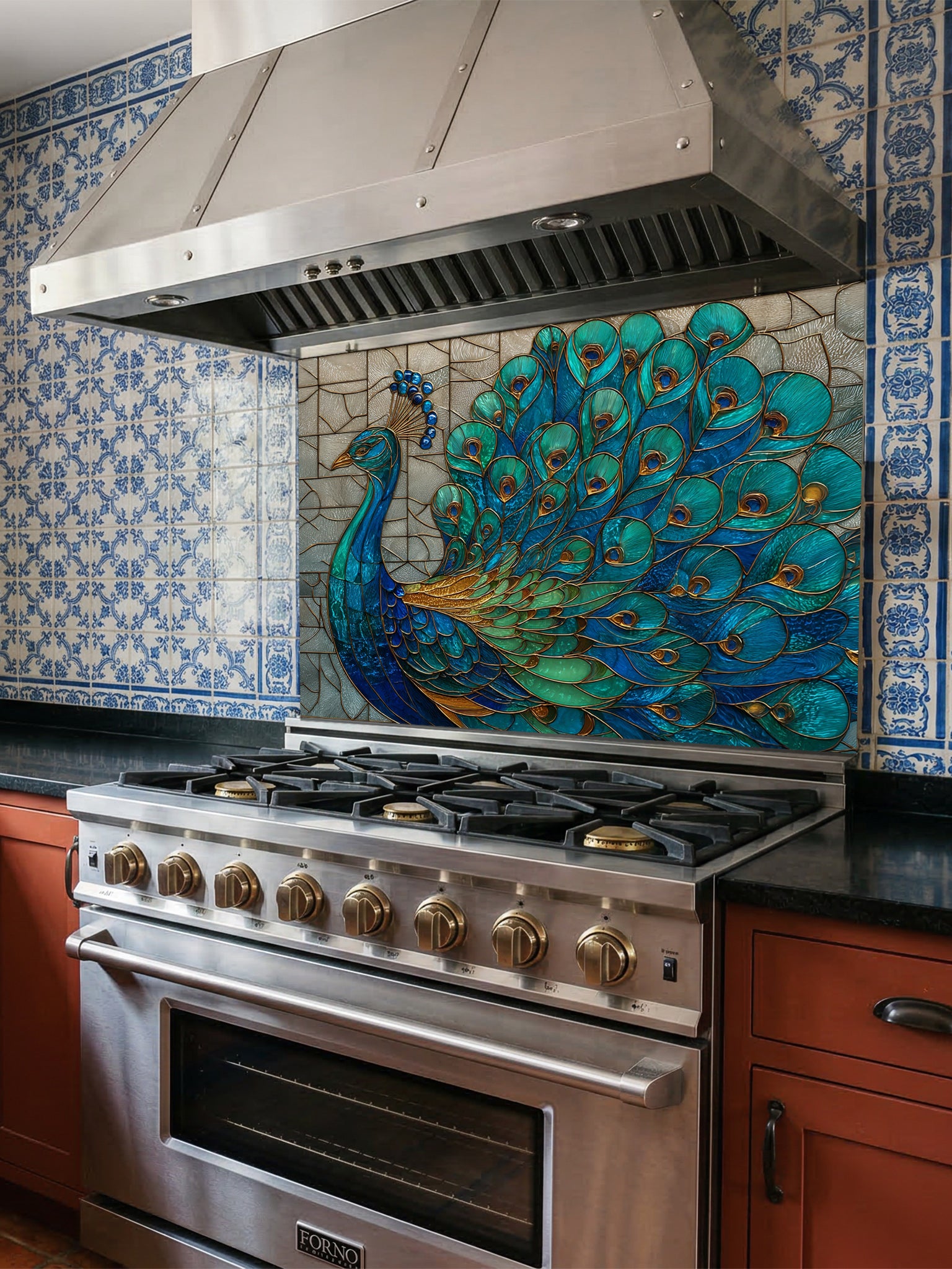 Stained glass style majestic peacock with spread feathers in teal, blue, and gold, UV printed on a smooth tempered glass kitchen backsplash, installed behind a modern stove.