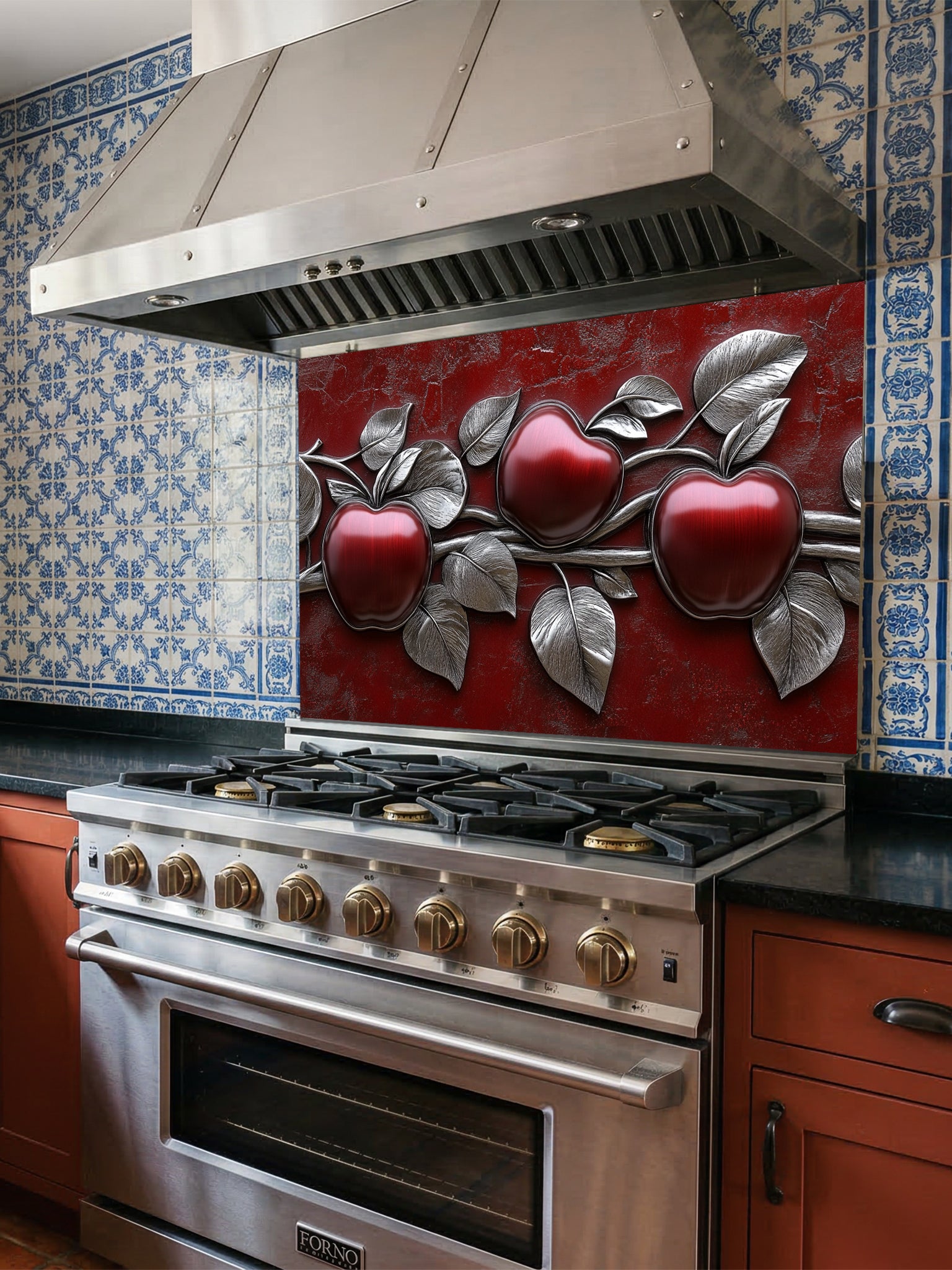 Faux 3D effect glossy red apples and metallic silver leaves on a textured crimson background, UV printed on a smooth tempered glass kitchen backsplash.