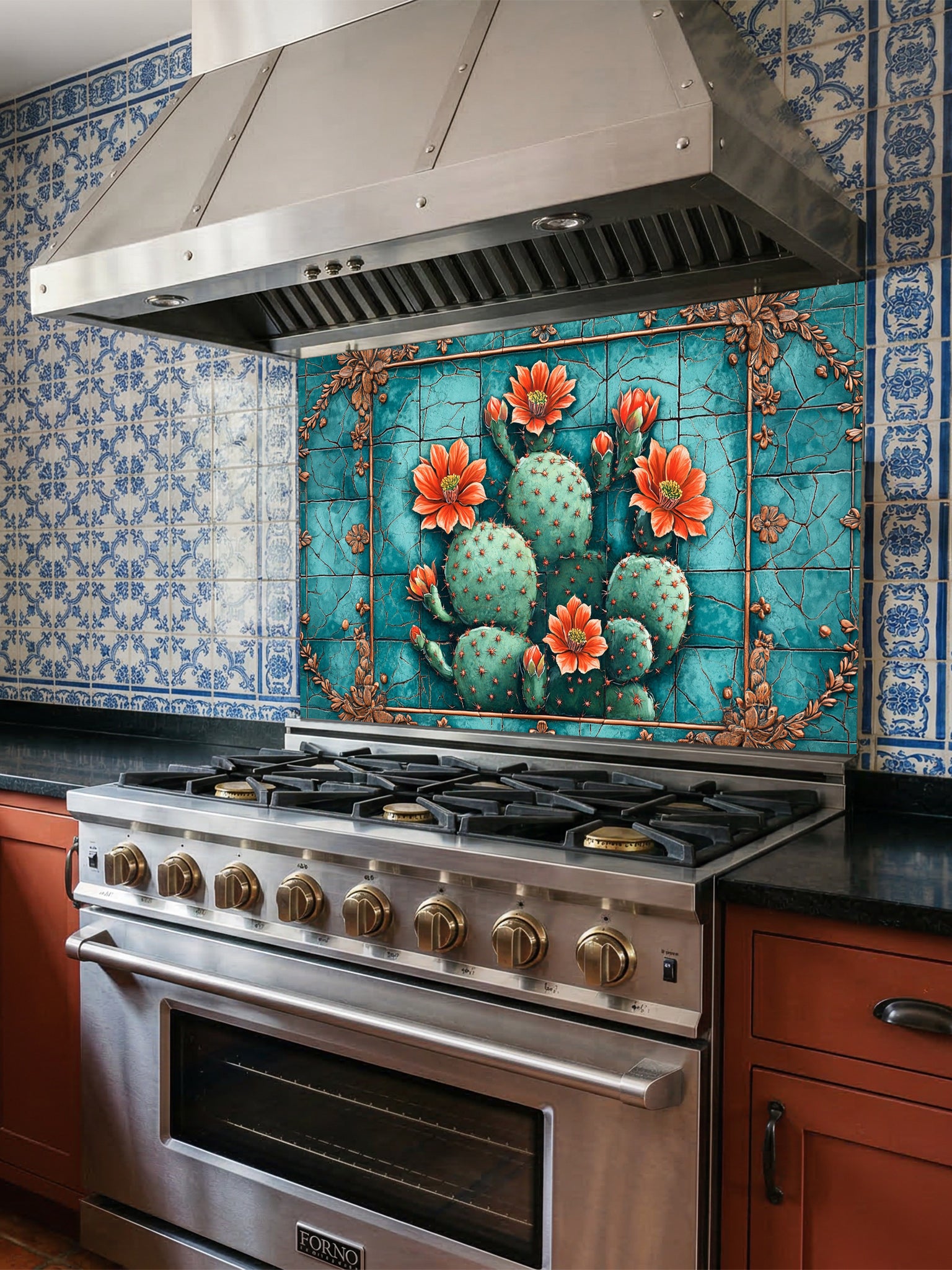 Faux vintage cracked turquoise tile featuring a blooming prickly pear cactus with orange flowers, UV printed on a smooth tempered glass kitchen backsplash, installed behind a modern stove.