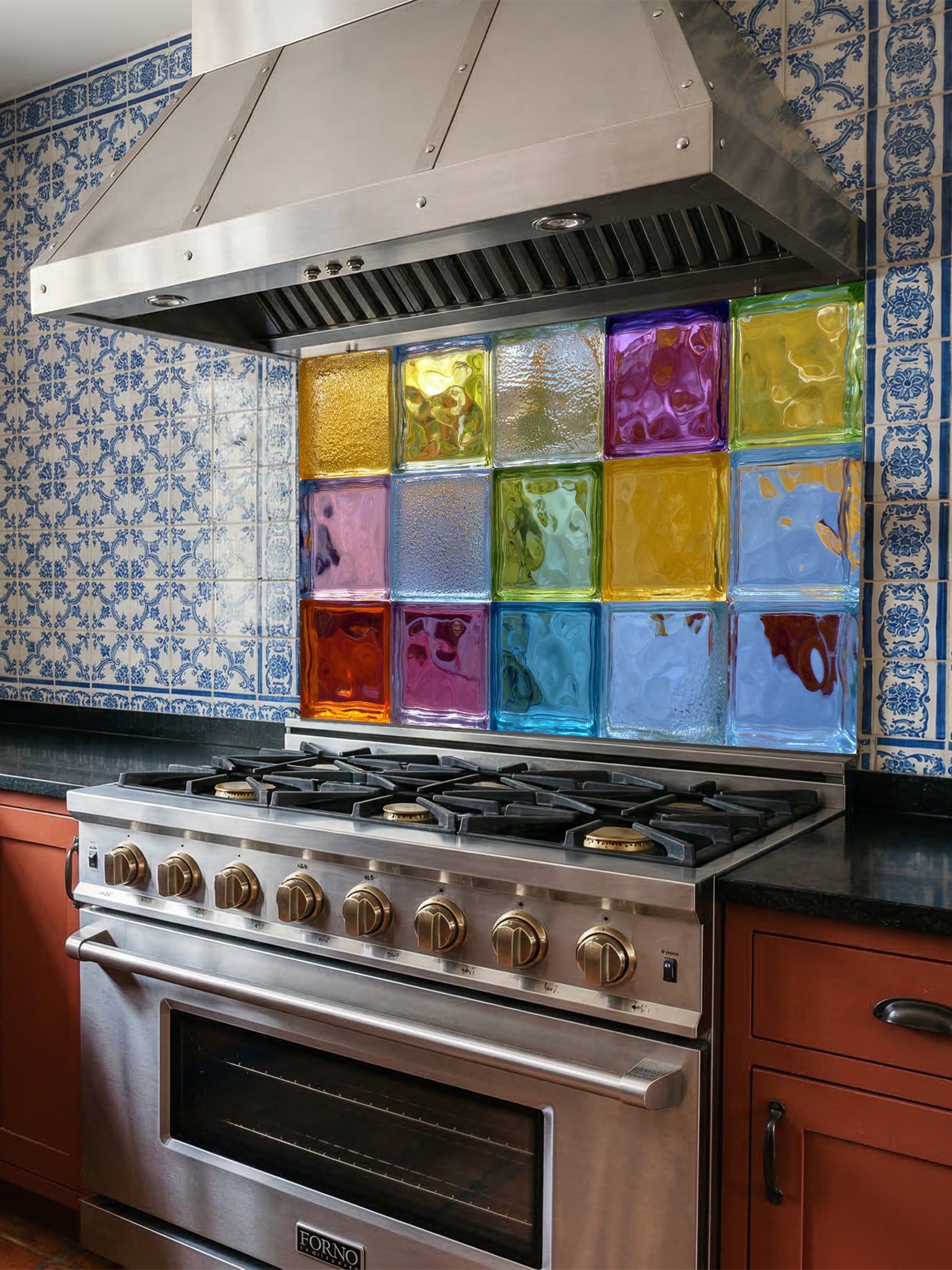 Tempered glass kitchen backsplash featuring a highly realistic 3D illusion of colorful architectural glass blocks in vibrant translucent hues of blue, green, yellow, and purple with wavy textures, installed behind a modern stainless steel stove.