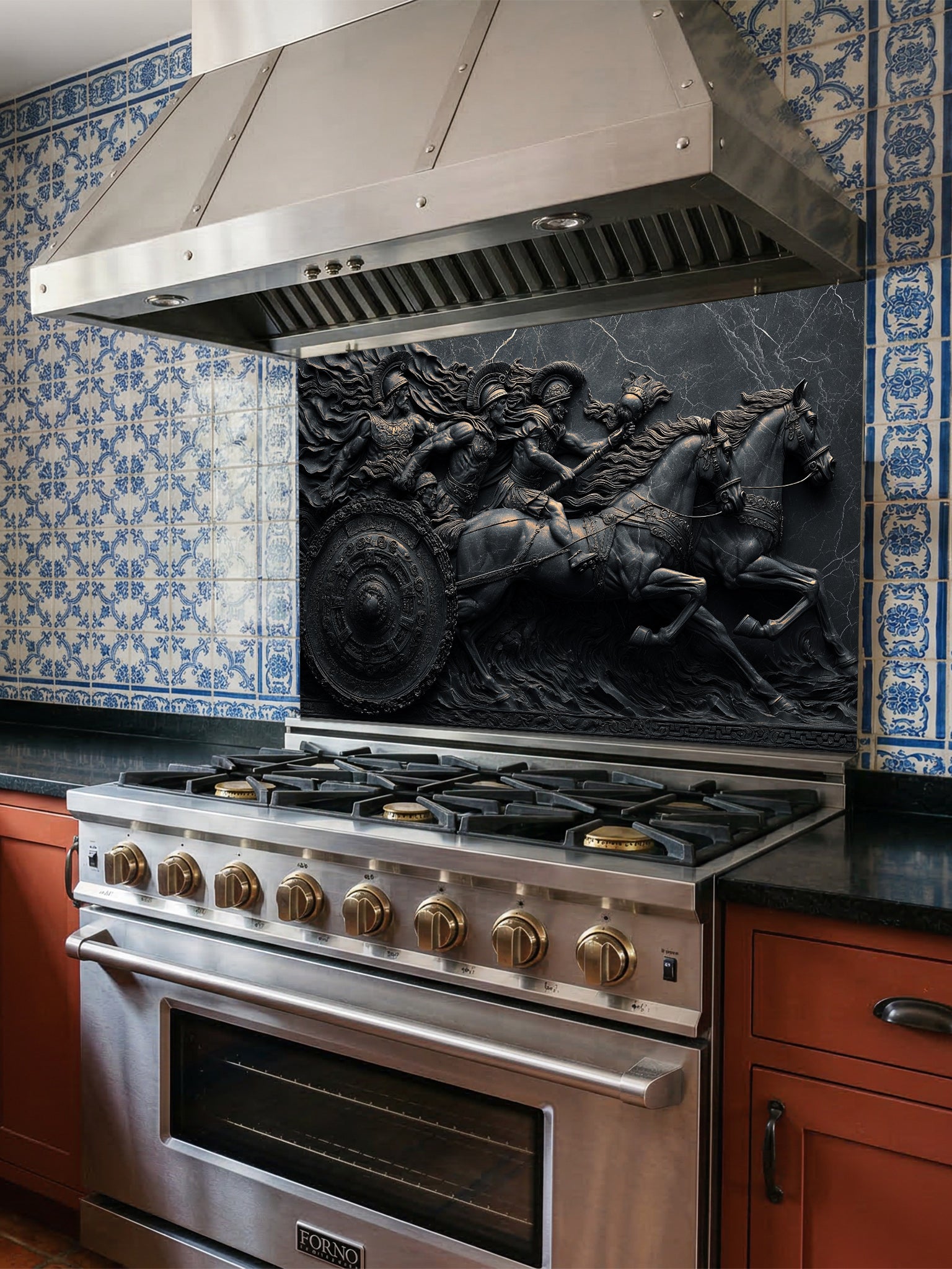 Faux 3D effect dark stone relief carving of a Roman chariot and warriors, UV printed on a smooth tempered glass kitchen backsplash, installed behind a modern stove.