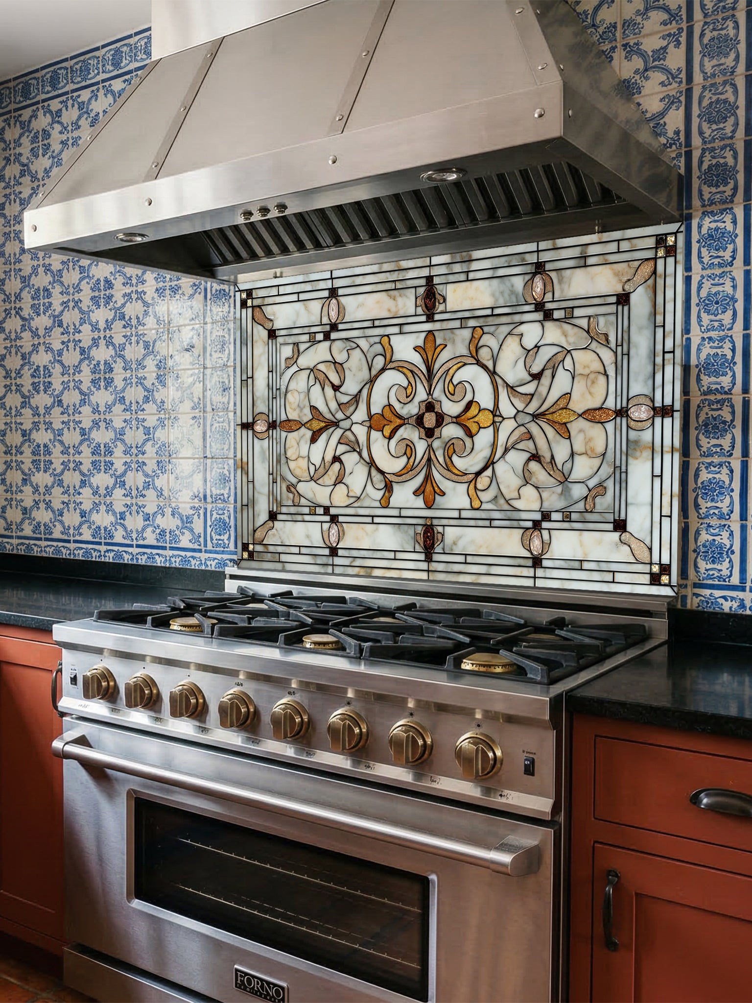 Faux antique leaded stained glass panel featuring elegant symmetrical scrollwork in warm amber and marbled cream tones, UV printed on a smooth tempered glass kitchen backsplash.