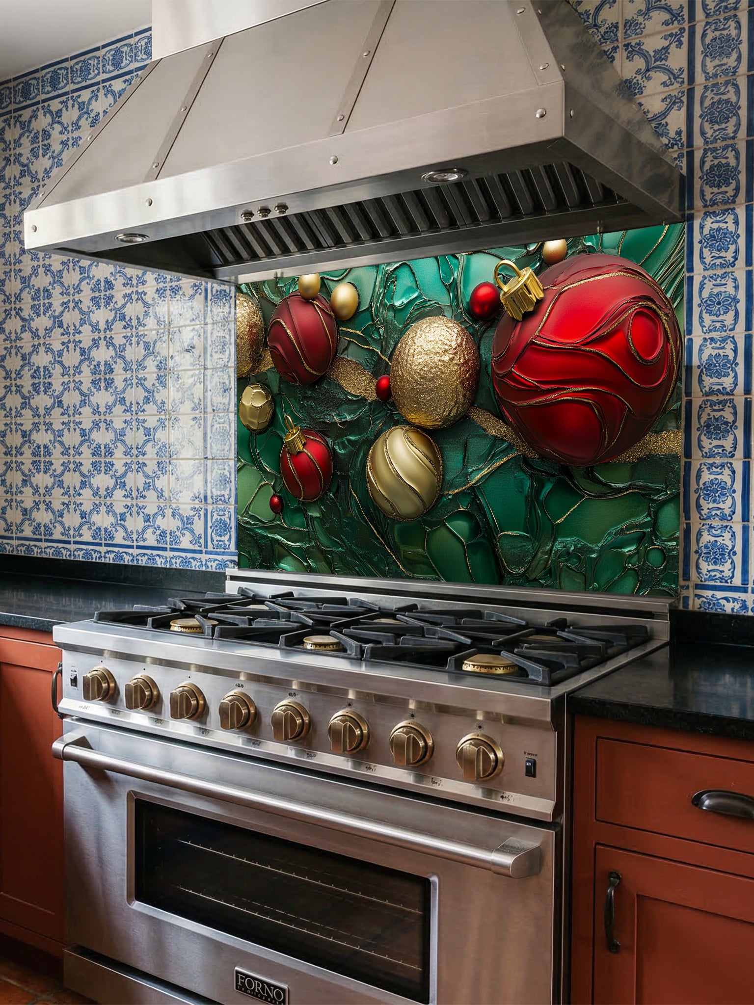 Tempered glass kitchen backsplash featuring a highly realistic 3D illusion of festive red and gold Christmas ornaments and ribbons floating against a deep emerald green marble and fluid art background with golden veins, installed behind a modern stainless steel stove.