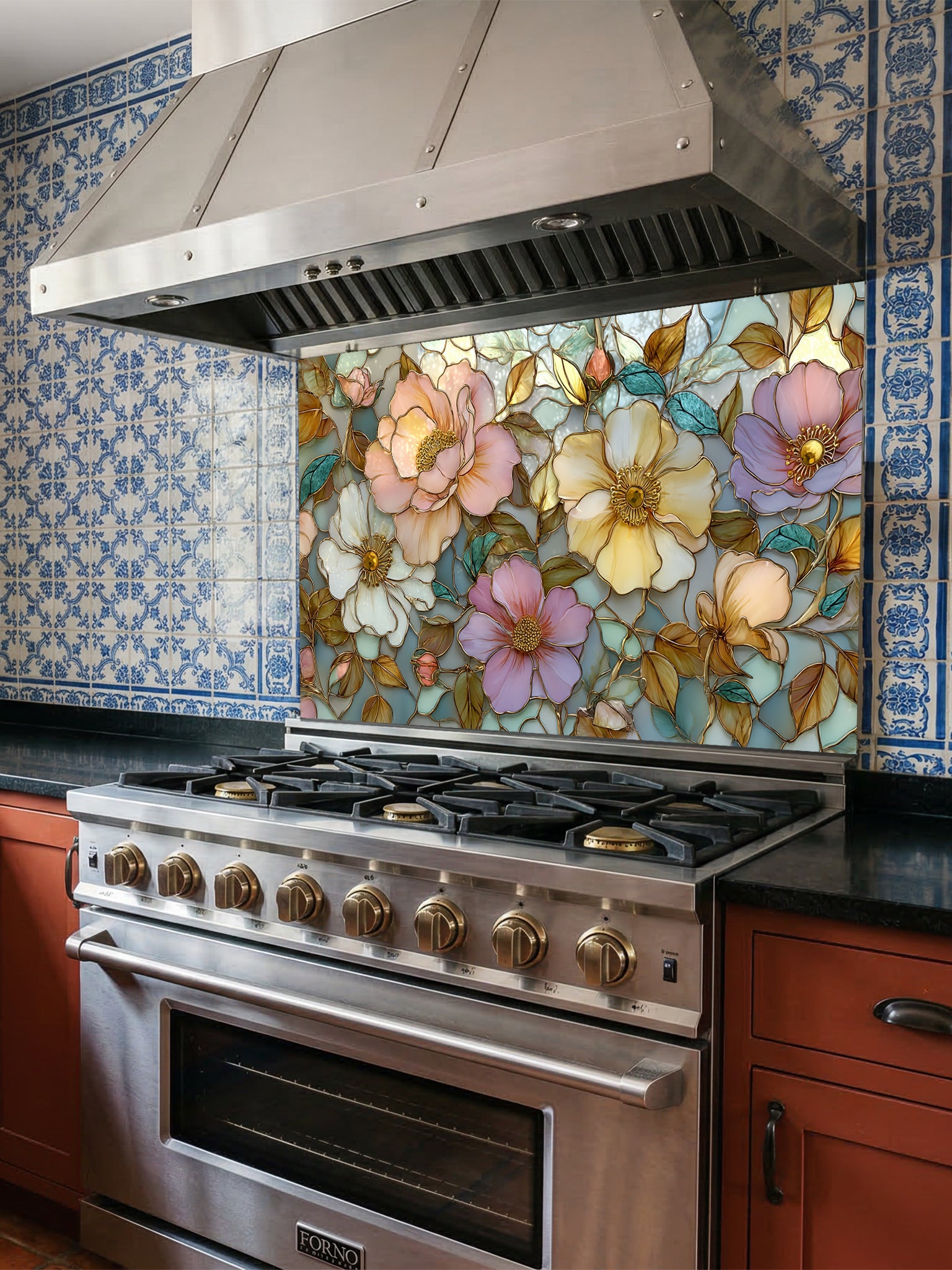 Stained glass style botanical pattern featuring large pastel pink, peach, and yellow peony flowers with gold outlines, UV printed on a smooth tempered glass kitchen backsplash.