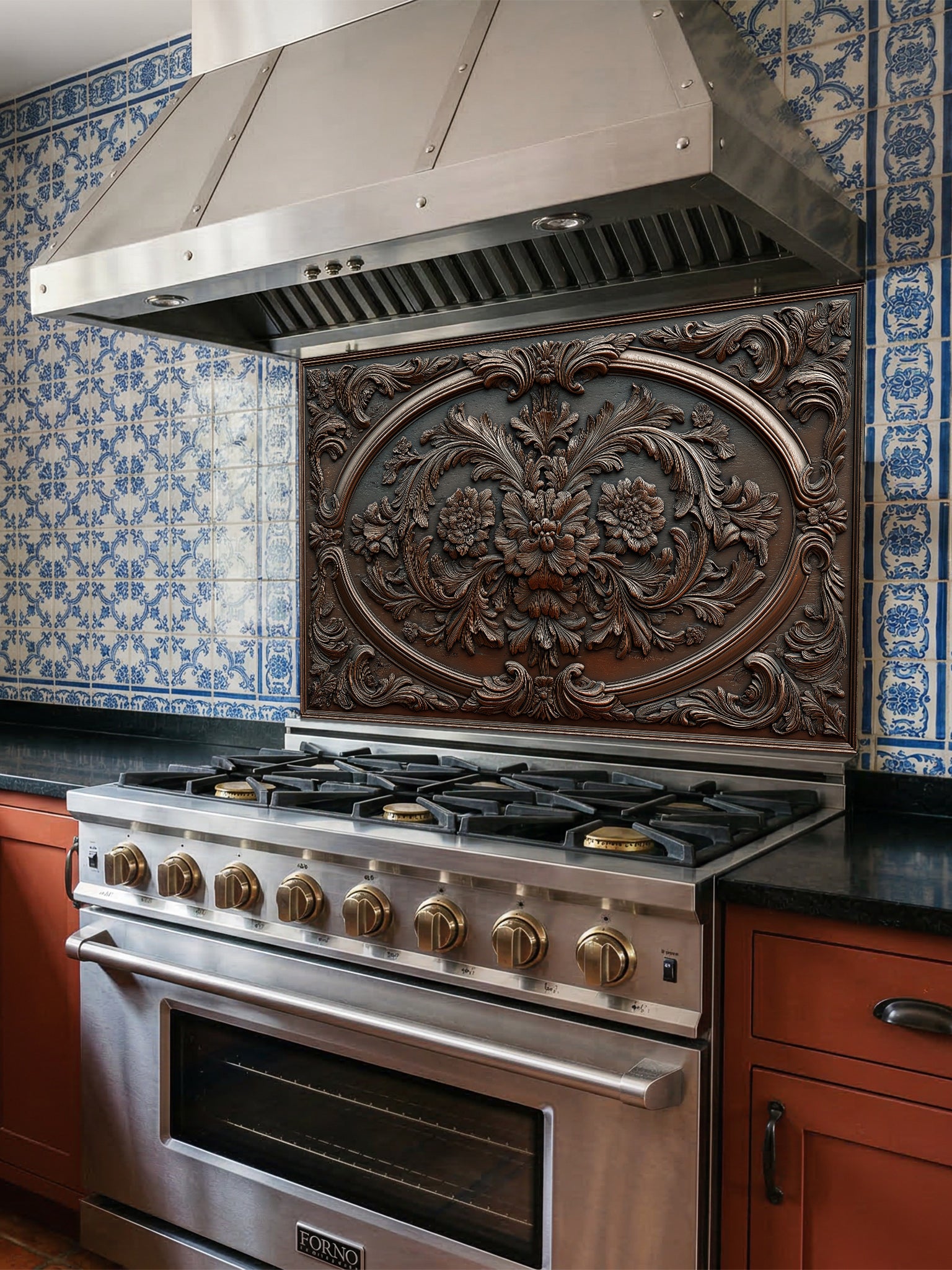 Faux 3D effect dark wood carved floral pattern in an ornate baroque frame, UV printed on a smooth tempered glass kitchen backsplash, installed behind a modern stove.