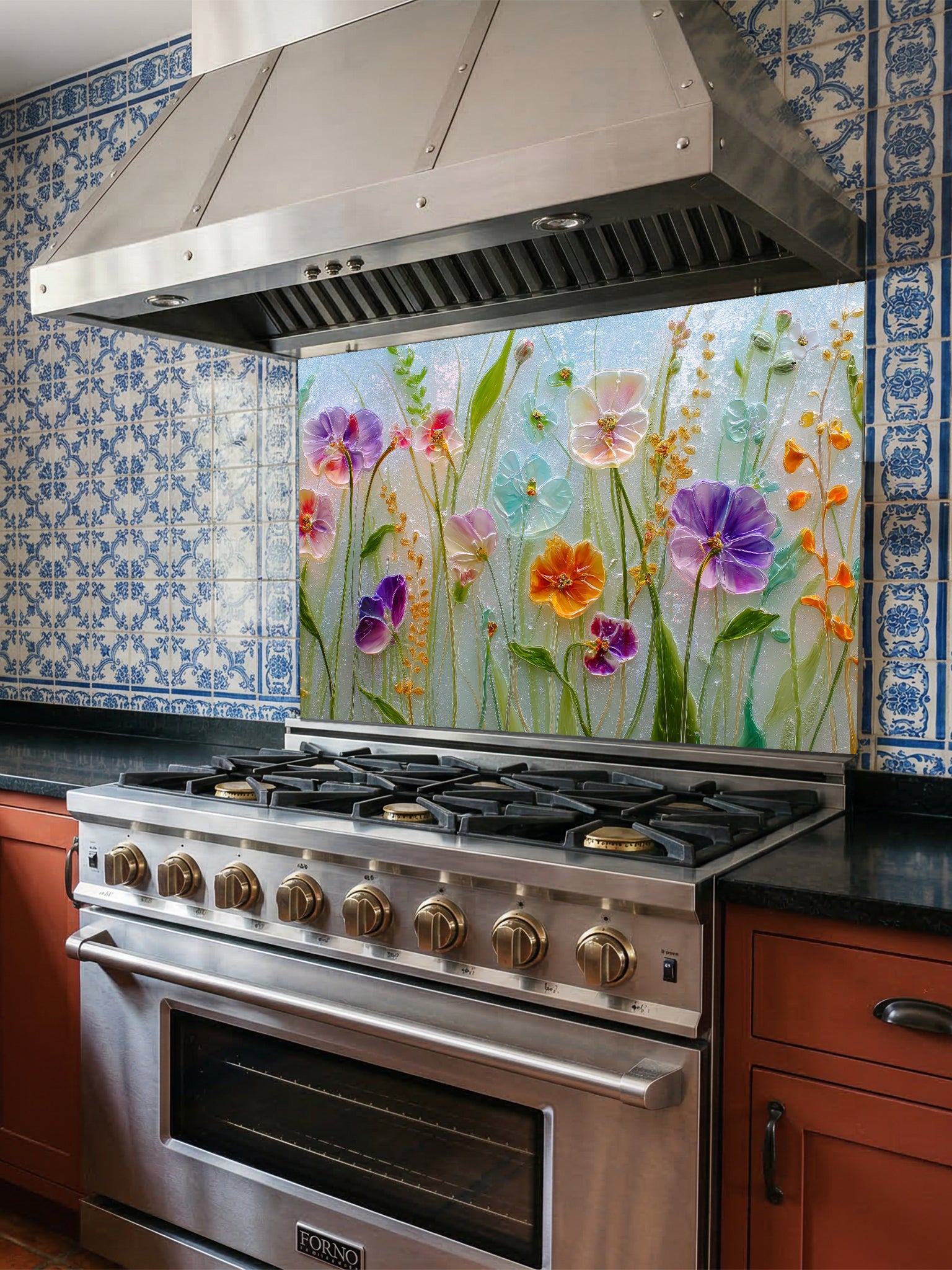 Faux 3D effect glossy glass art wildflowers including pansies in vibrant purple, pink, yellow, and blue, UV printed on a smooth tempered glass kitchen backsplash.
