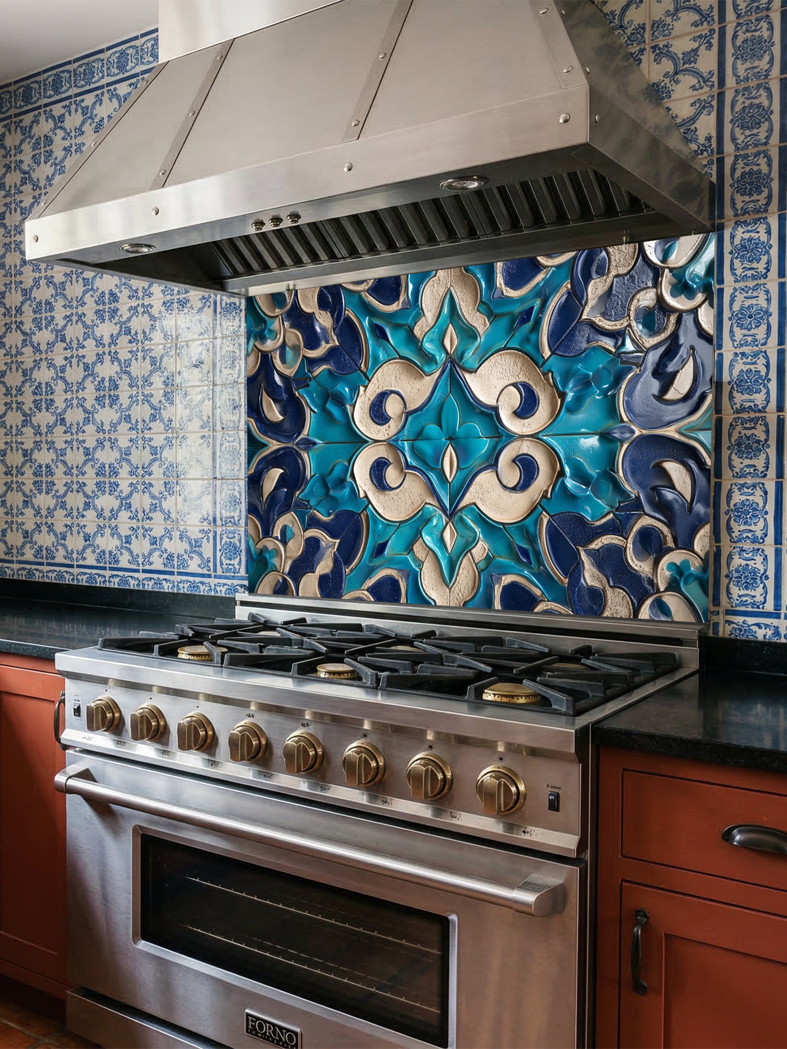 Stainless steel oven with decorative tile backsplash in a kitchen setting