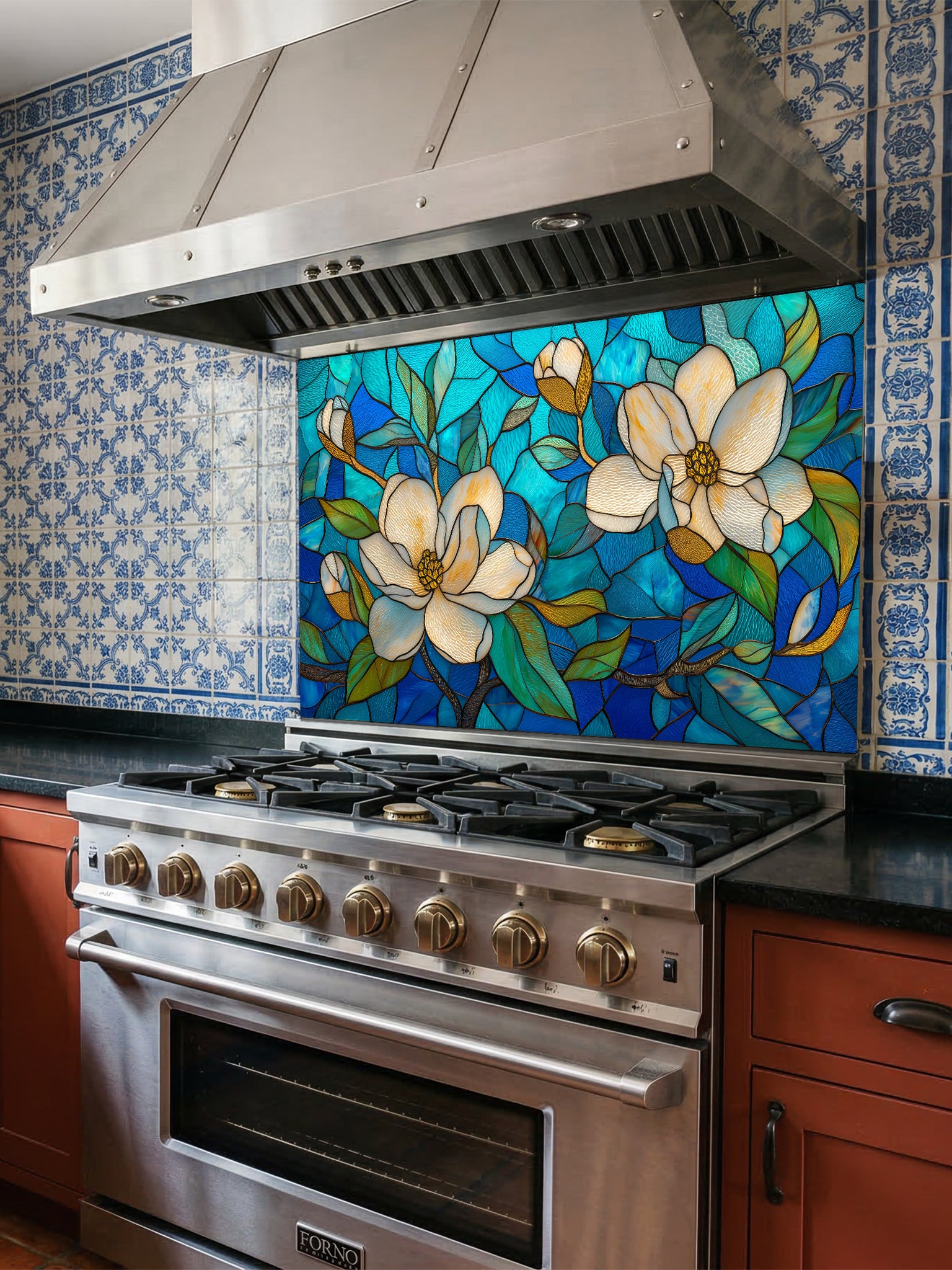 Stained glass style floral pattern featuring large white magnolia blossoms and green leaves against a vibrant blue and turquoise background, UV printed on a smooth tempered glass kitchen backsplash.