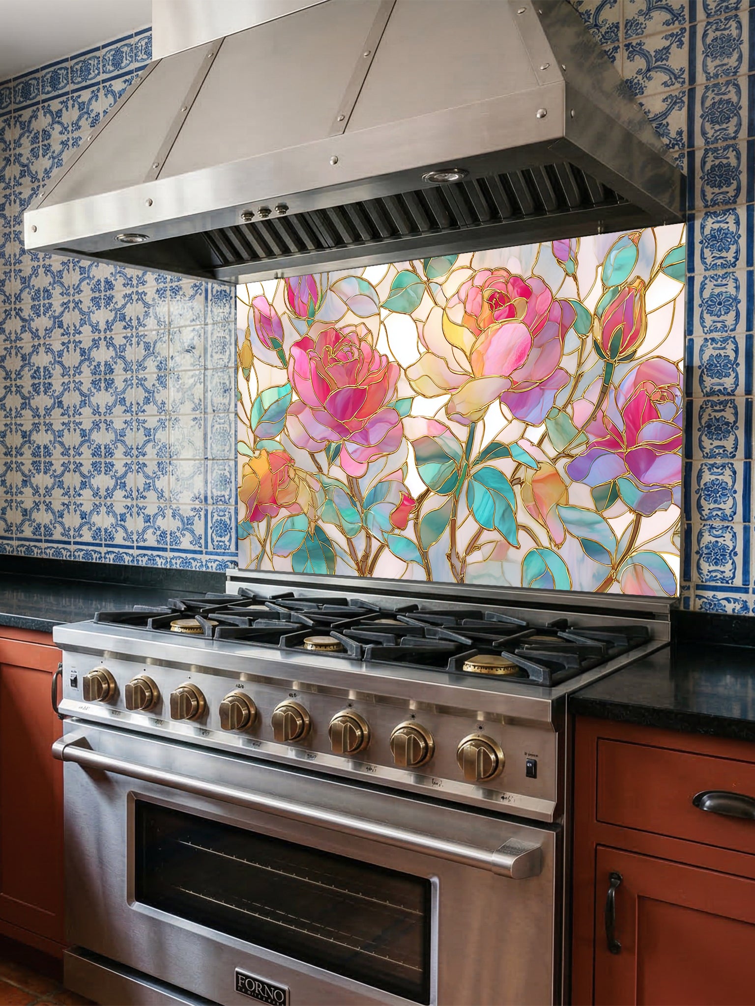 Tempered glass kitchen backsplash featuring a highly realistic 3D illusion of stained glass art showing large, elegant blooming pink and magenta roses with teal and green leaves, beautifully outlined in faux gold, installed behind a modern black stove.