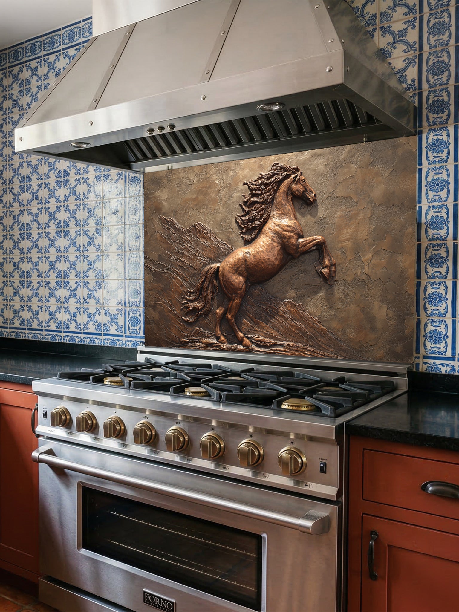 Faux 3D effect bronze carving of a majestic rearing horse, UV printed on a smooth tempered glass kitchen backsplash, installed behind a modern stove.
