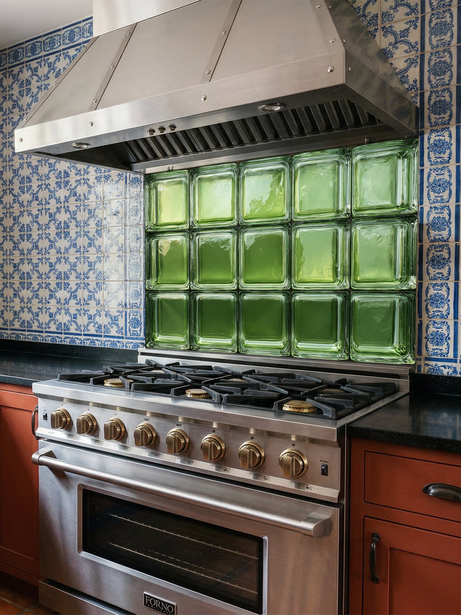 Tempered glass kitchen backsplash featuring a highly realistic 3D illusion of architectural glass blocks in vibrant translucent vintage green with authentic wavy textures, installed behind a modern black stove.