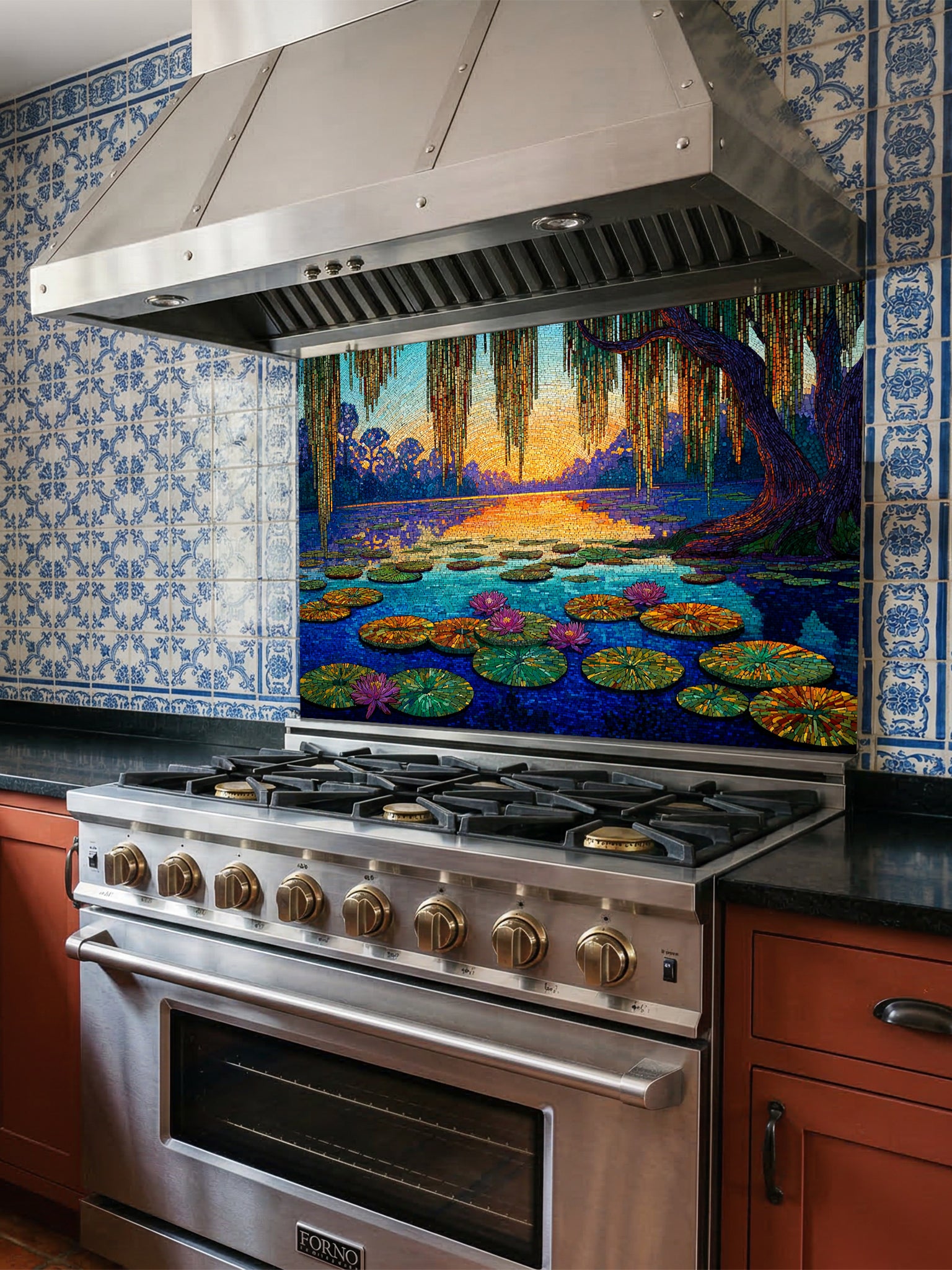 Tempered glass kitchen backsplash featuring a highly realistic 3D illusion of a Pointillist or Impressionist fine art painting, showing a tranquil lake with pink water lilies and a weeping willow at sunset, created with thousands of tiny textured paint dots, installed behind a modern black stove.