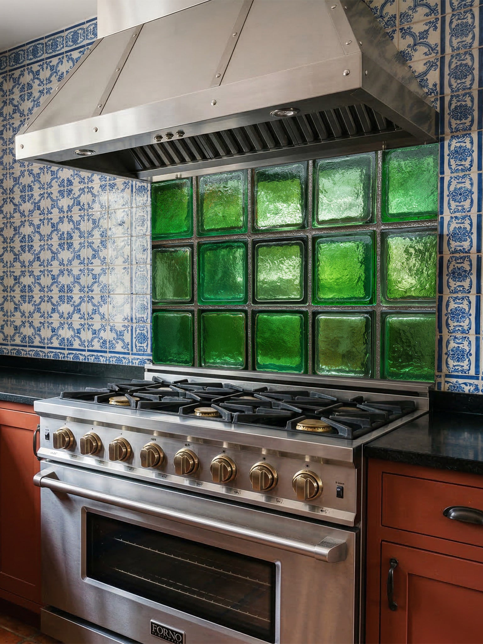 Faux green glass block 3D effect UV printed on a smooth tempered glass kitchen backsplash, installed behind a modern stove.