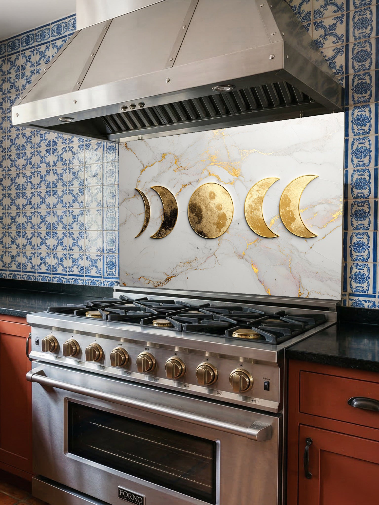 Faux 3D effect textured metallic gold moon phases on an elegant white and gold veined marble background, UV printed on a smooth tempered glass kitchen backsplash, installed behind a modern stove.