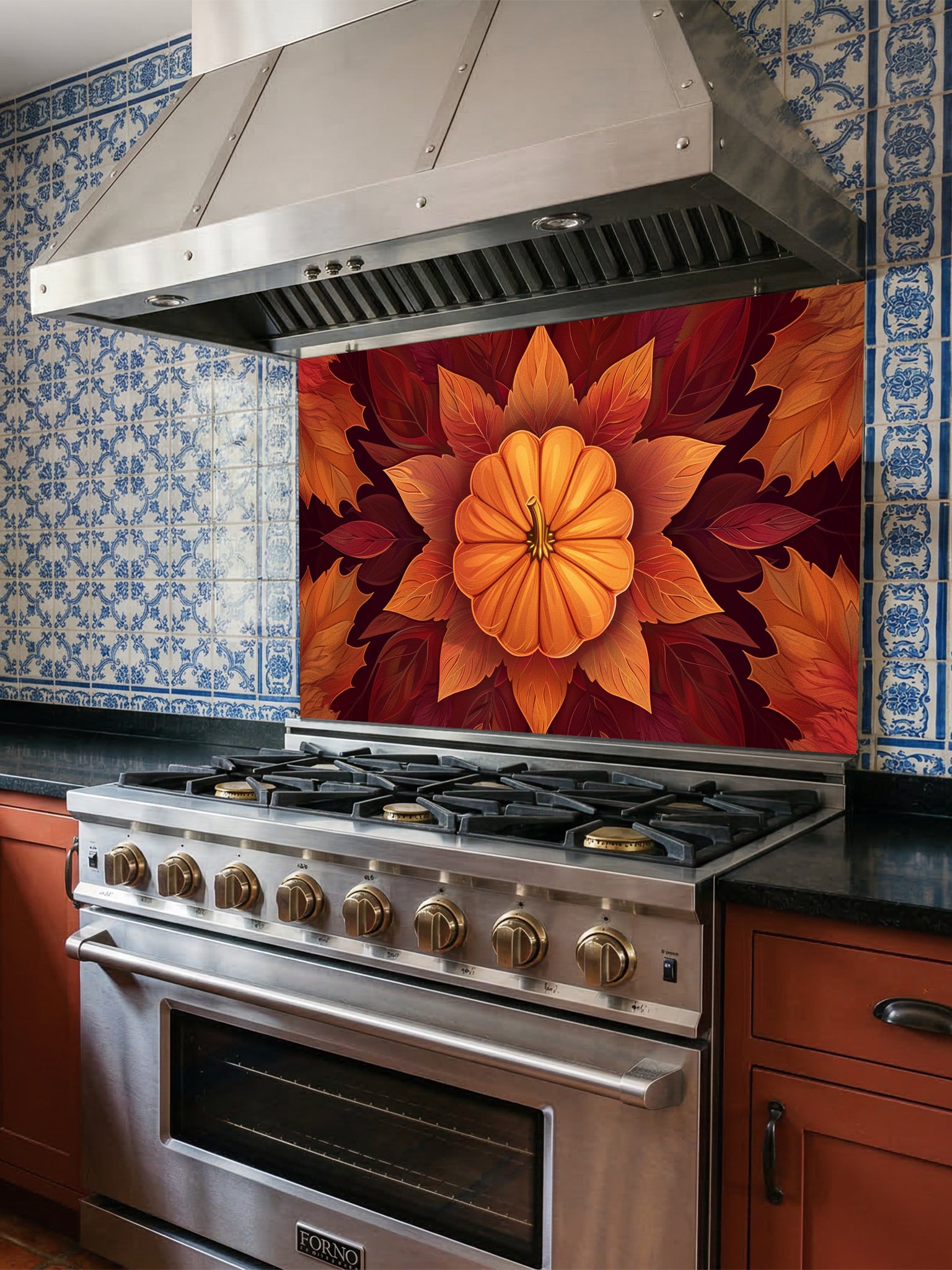 Faux 3D effect symmetrical pumpkin mandala surrounded by rich orange and burgundy autumn leaves, UV printed on a smooth tempered glass kitchen backsplash.