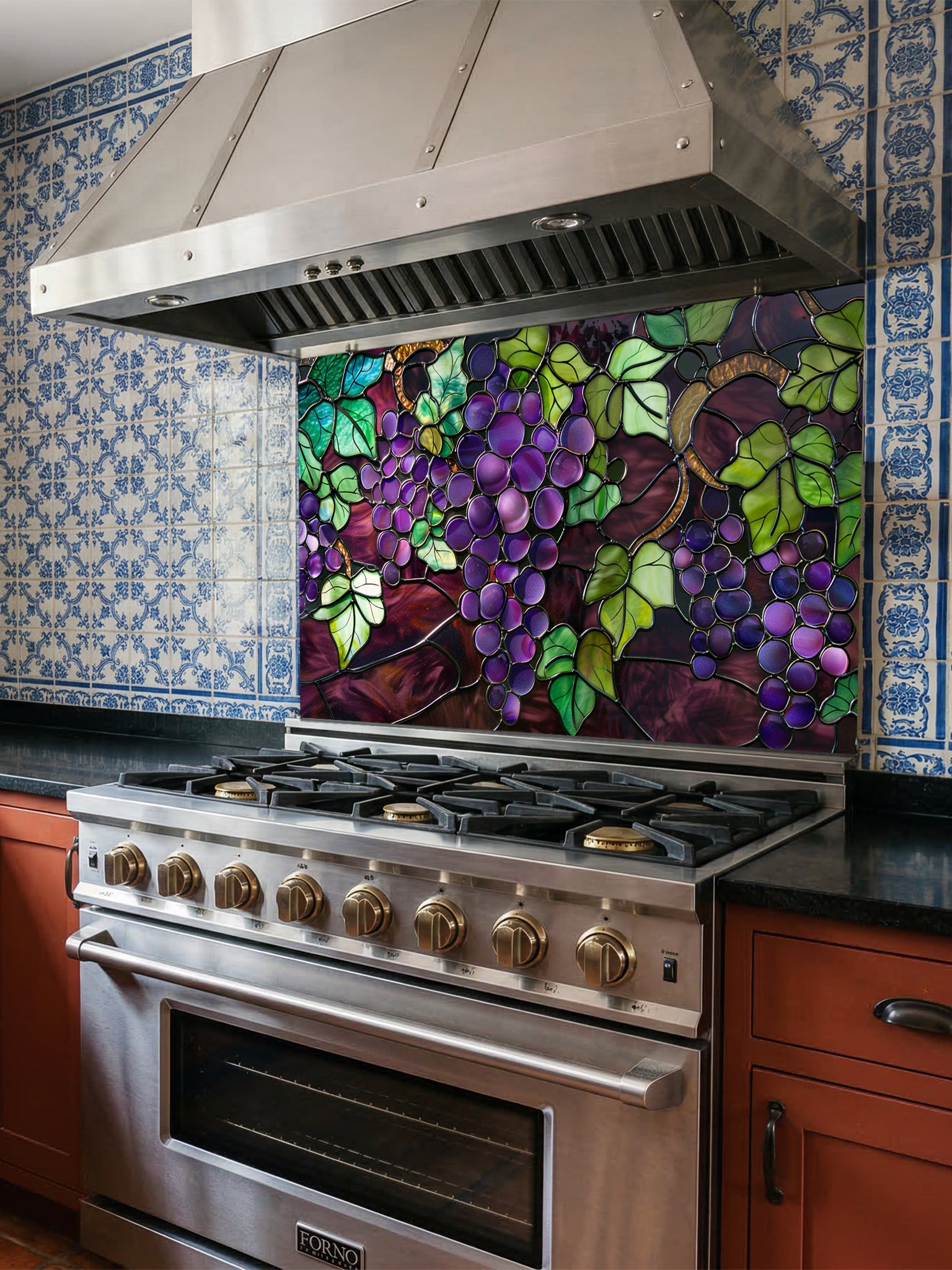 Stained glass style purple grapes and green vine leaves, UV printed on a smooth tempered glass kitchen backsplash, installed behind a modern stove.