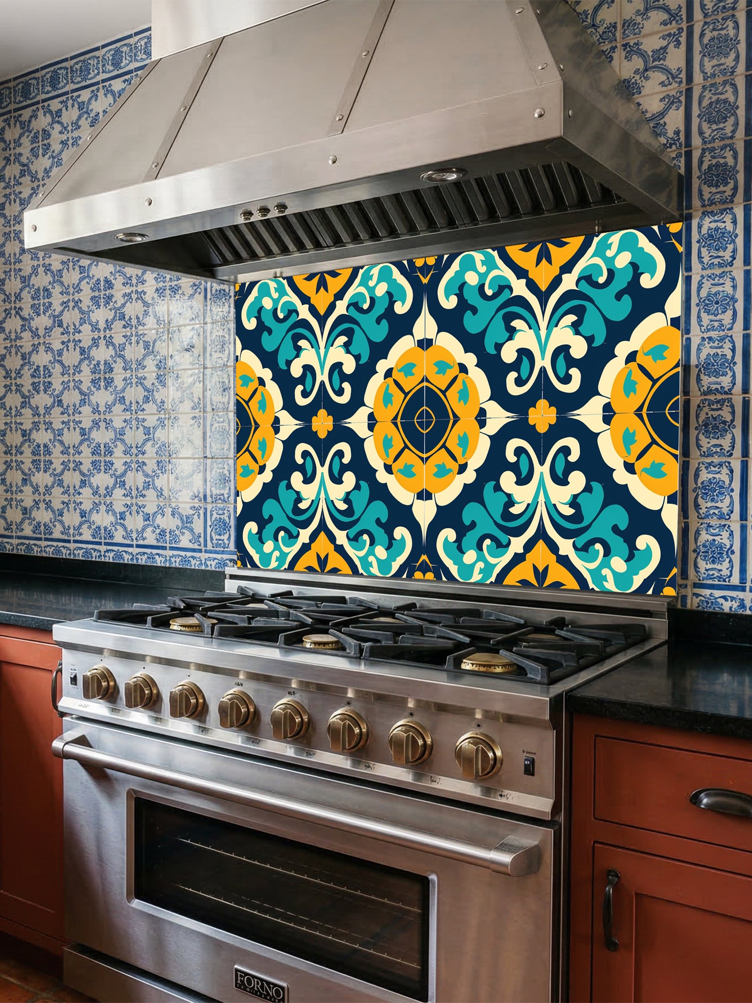 Tempered glass kitchen backsplash featuring a highly realistic illusion of traditional Moroccan or Spanish tiles, showcasing an intricate geometric floral pattern in deep navy blue, vibrant teal, and mustard yellow, installed behind a modern black stove.