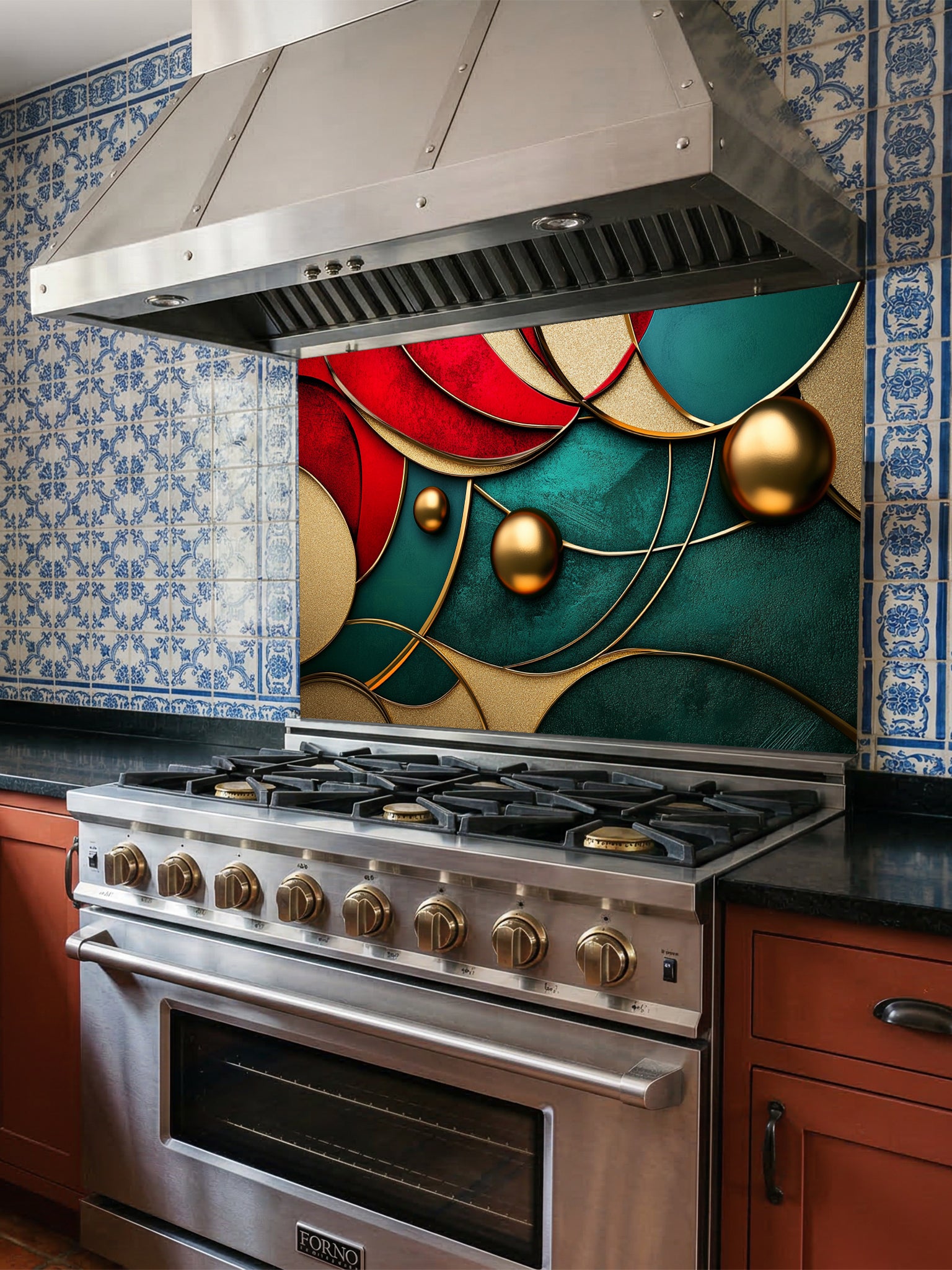 Tempered glass kitchen backsplash featuring a highly realistic 3D illusion of abstract overlapping geometric circles and waves in rich ruby red and emerald green with striking gold outlines and floating 3D metallic gold spheres, installed behind a modern stainless steel stove.