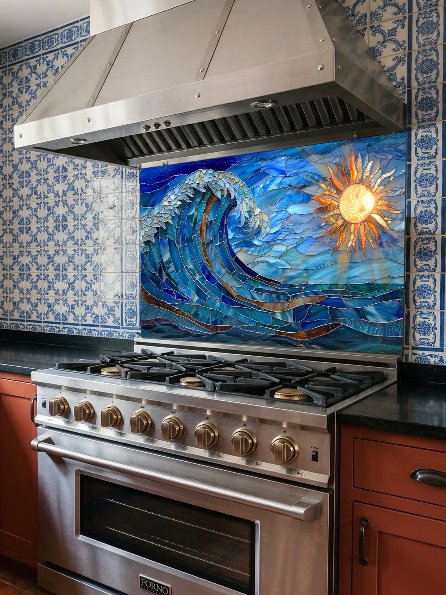 Tempered glass kitchen backsplash featuring a vibrant faux stained glass design of a dynamic crashing ocean wave in blues and teals, with a glowing golden sun and sunbeams on the right, installed behind a modern stainless steel stove.