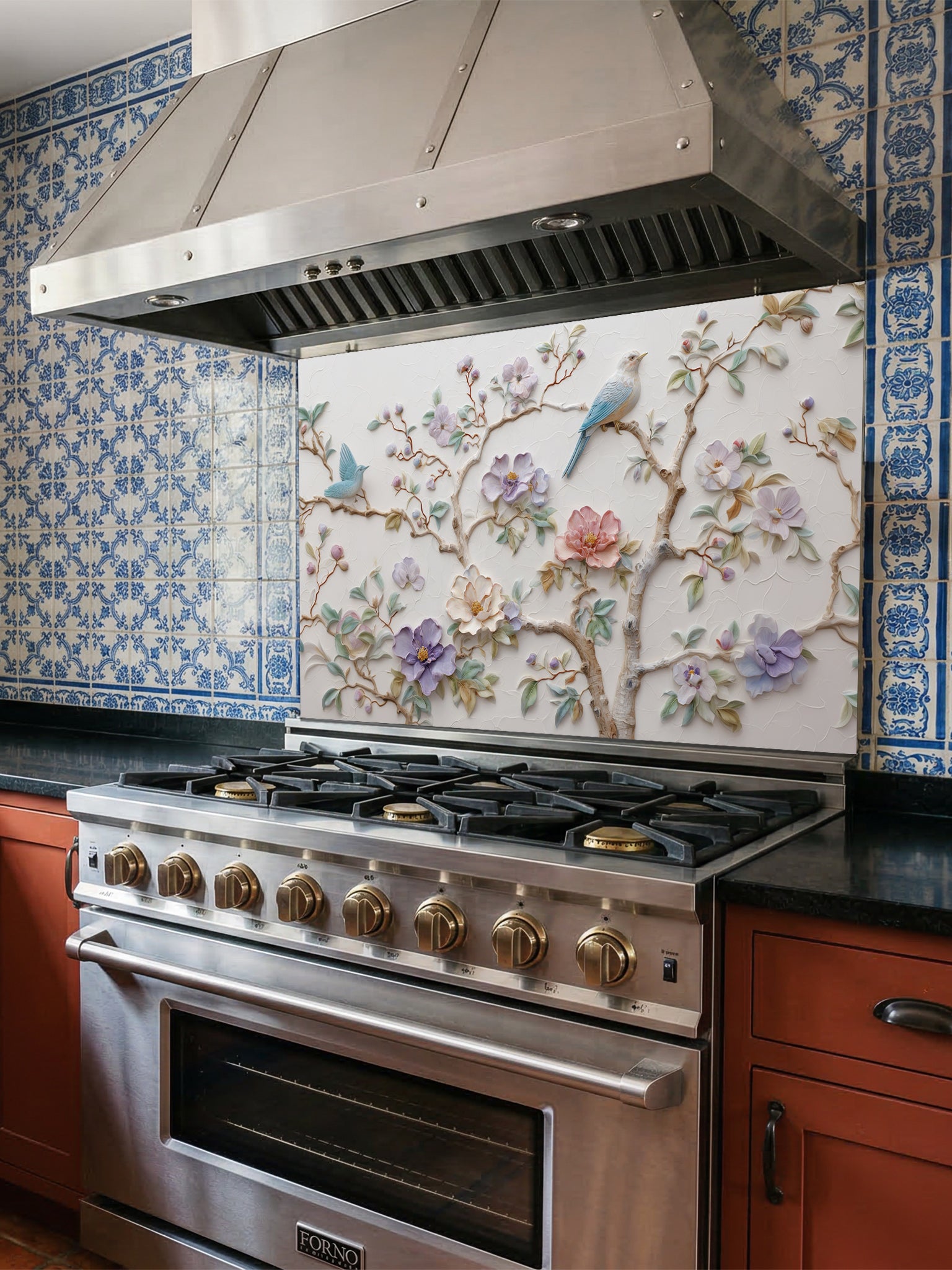 Tempered glass kitchen backsplash featuring a highly realistic 3D illusion of bas-relief plaster art with pastel blooming flowers and light blue birds perched on branches against a white textured background, installed behind a modern stainless steel stove.