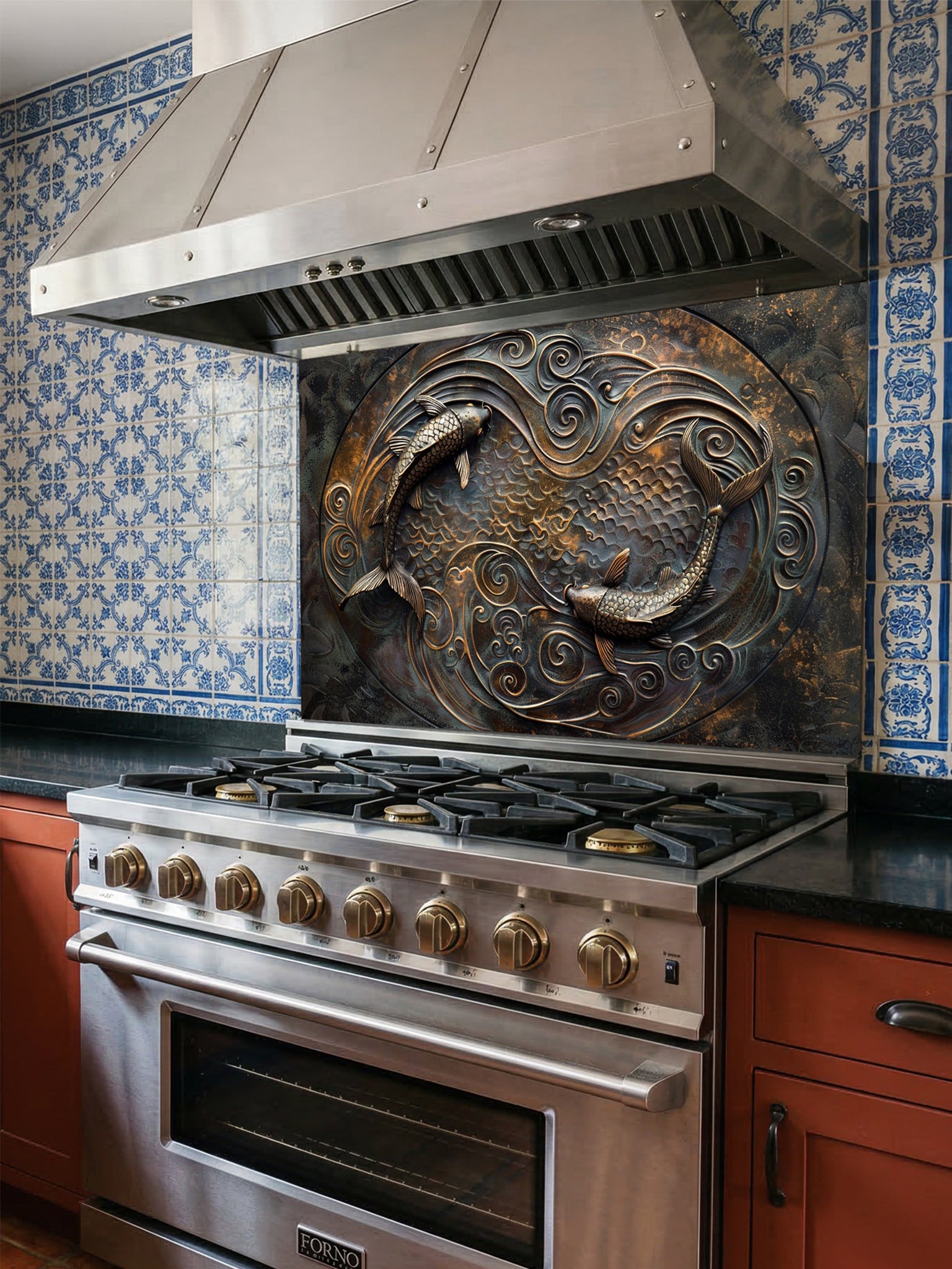 Tempered glass kitchen backsplash featuring a highly realistic 3D faux metal design of two Koi fish swimming in a circular Yin-Yang pattern among swirling waves in antique bronze and dark oxidized tones, installed behind a modern stainless steel stove.