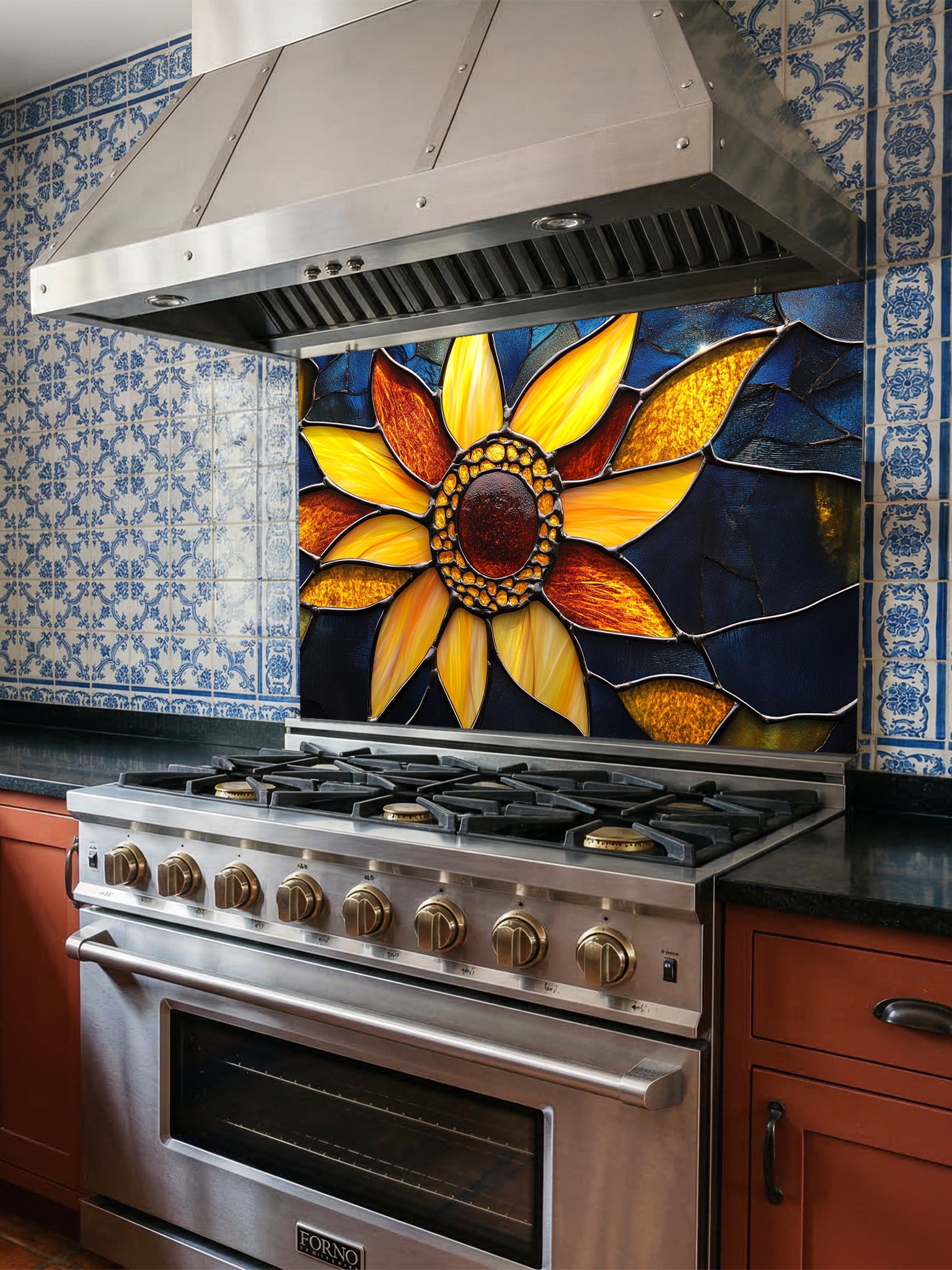 Stained glass style macro sunflower with vibrant yellow petals against a dark blue background, UV printed on a smooth tempered glass kitchen backsplash.