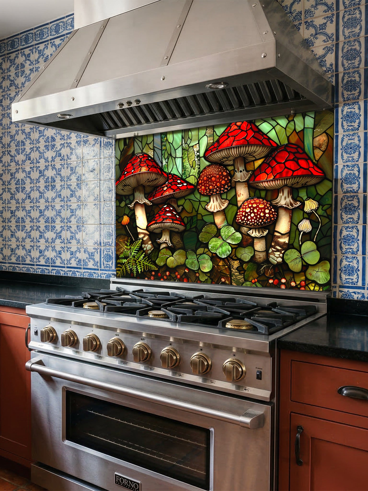 Stained glass style woodland scene with vibrant red mushrooms, ferns, and clovers, UV printed on a smooth tempered glass kitchen backsplash, installed behind a modern stove.