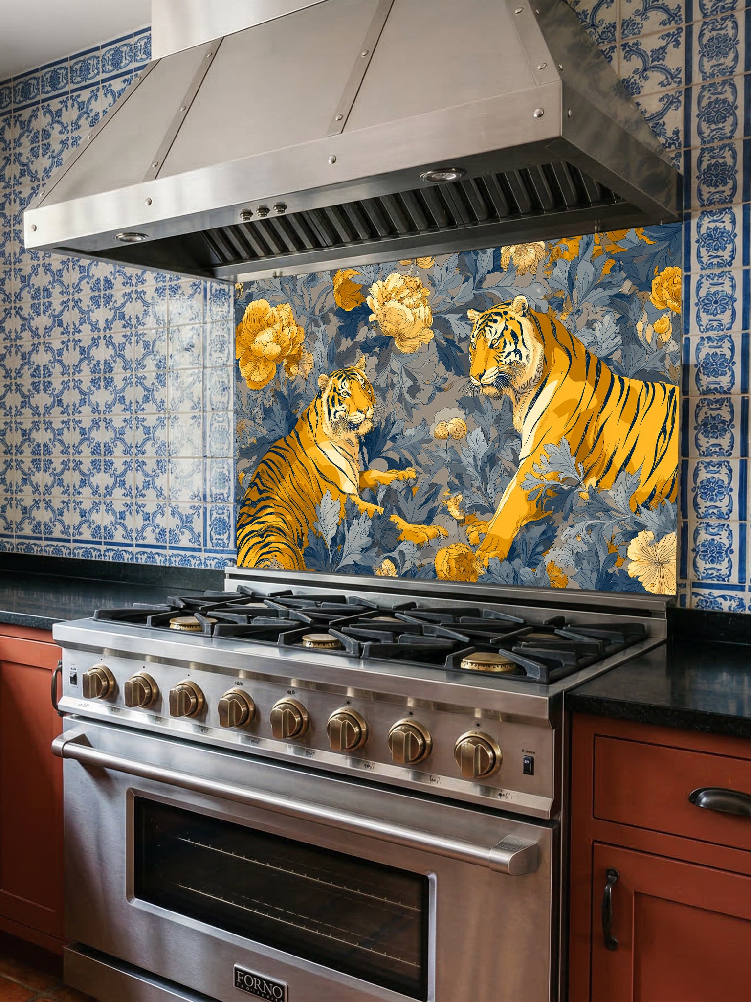 Vintage Chinoiserie style illustration of two majestic tigers among golden yellow peonies and deep blue botanical foliage, UV printed on a smooth tempered glass kitchen backsplash.