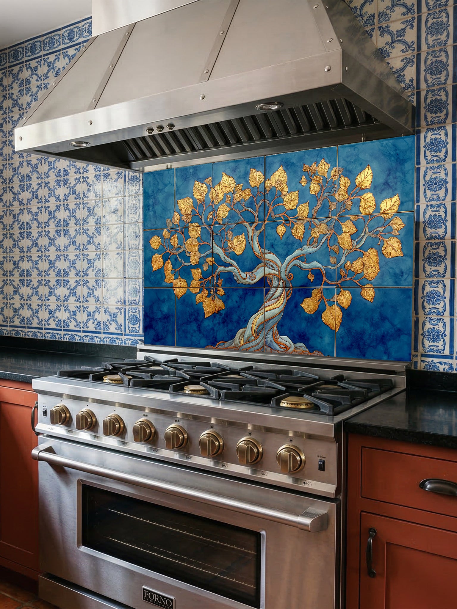 Faux blue tile background featuring an elegant golden Tree of Life with intricate leaves, UV printed on a smooth tempered glass kitchen backsplash, installed behind a modern stove.