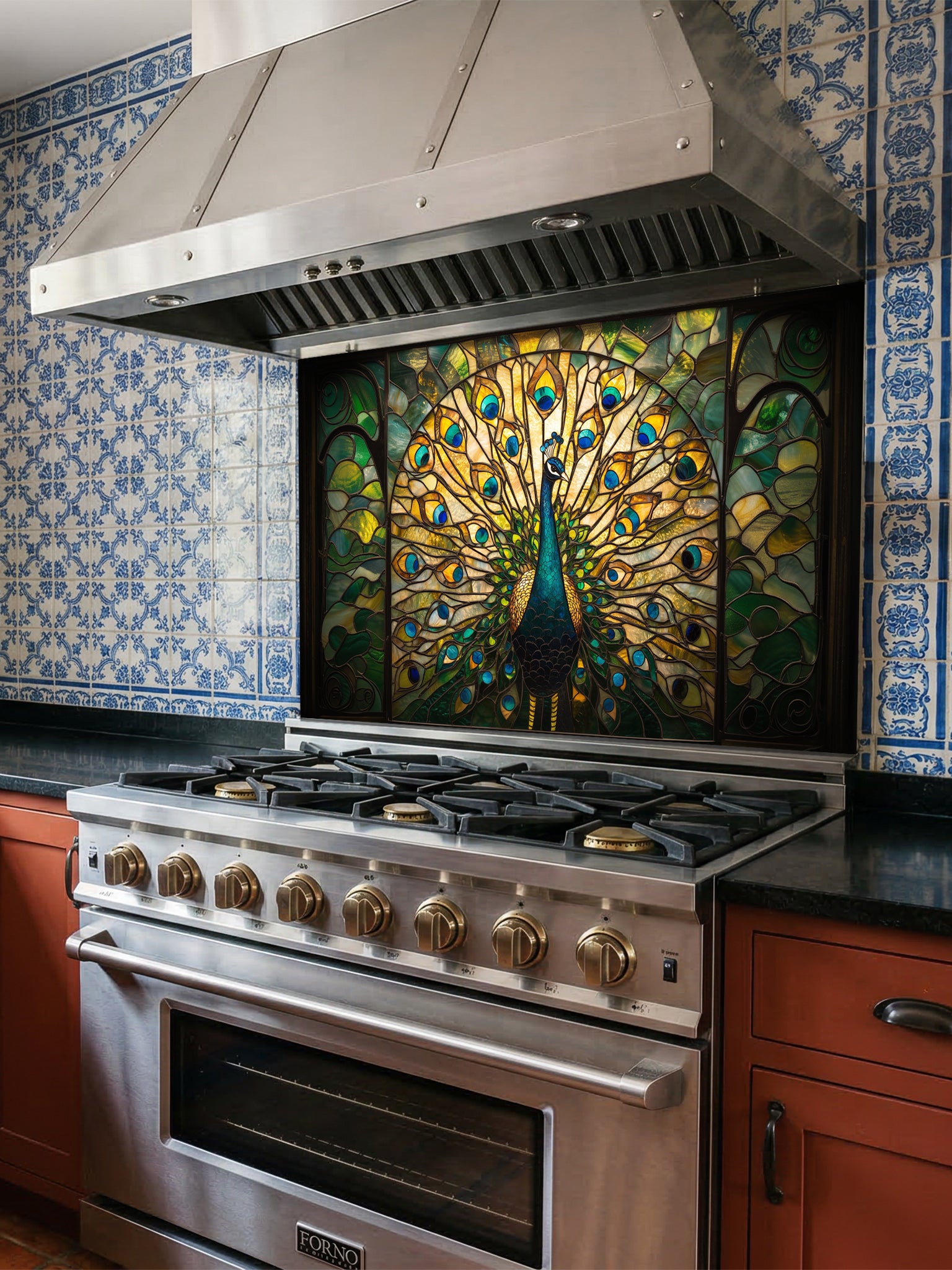 Tempered glass kitchen backsplash featuring a highly realistic 3D illusion of stained glass art showing a majestic peacock with fully spread tail feathers in vibrant emerald greens, blues, and gold, installed behind a modern stainless steel stove.