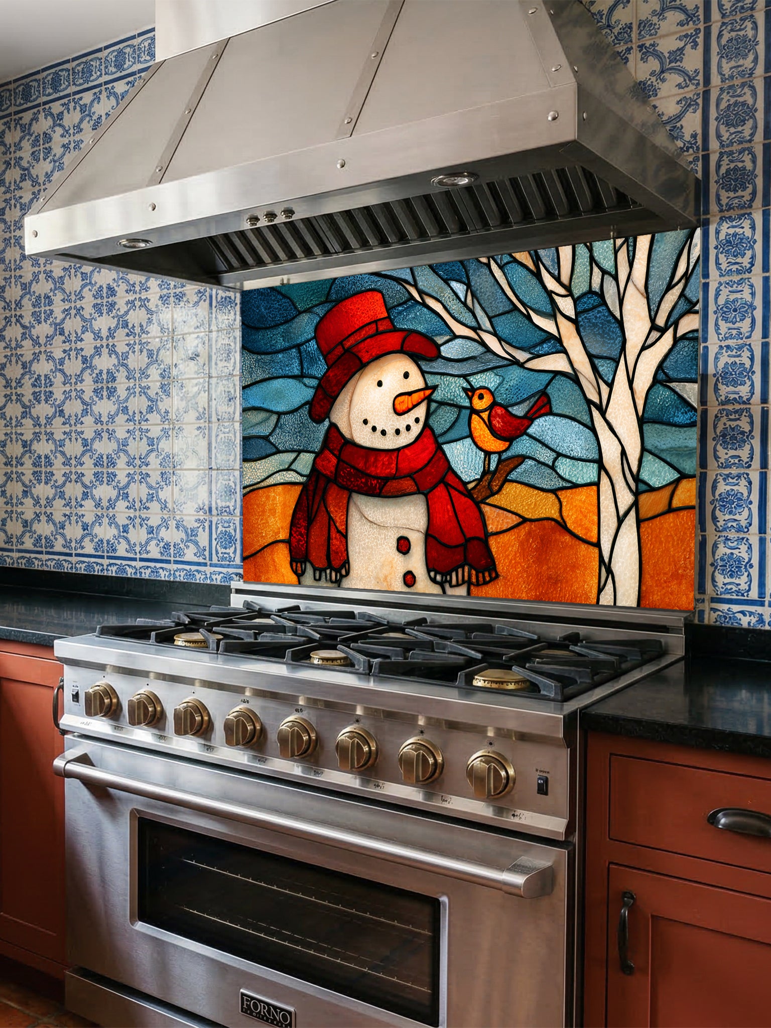 Tempered glass kitchen backsplash featuring a highly realistic 3D illusion of stained glass art showing a cheerful snowman in a red hat and a cute little bird perched on a winter tree against a frosty blue and amber background, installed behind a modern black stove.