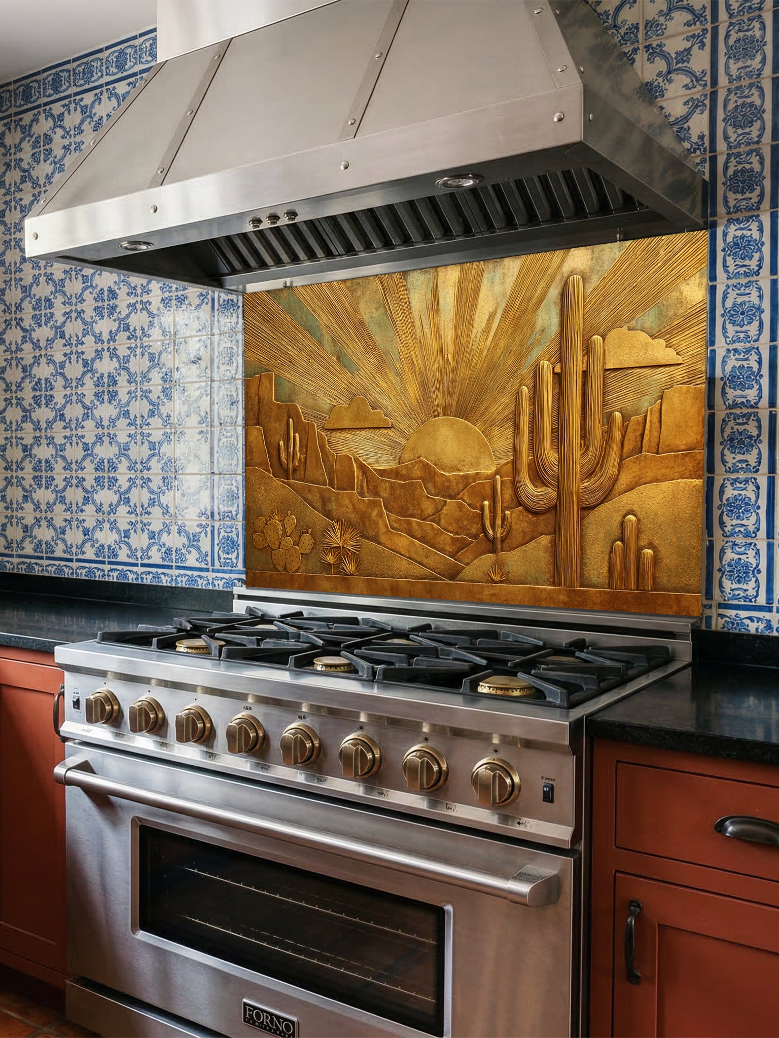 Faux 3D sculpted bronze and brass relief of a desert landscape with saguaro cacti and a radiant sunburst, UV printed on a smooth tempered glass kitchen backsplash.