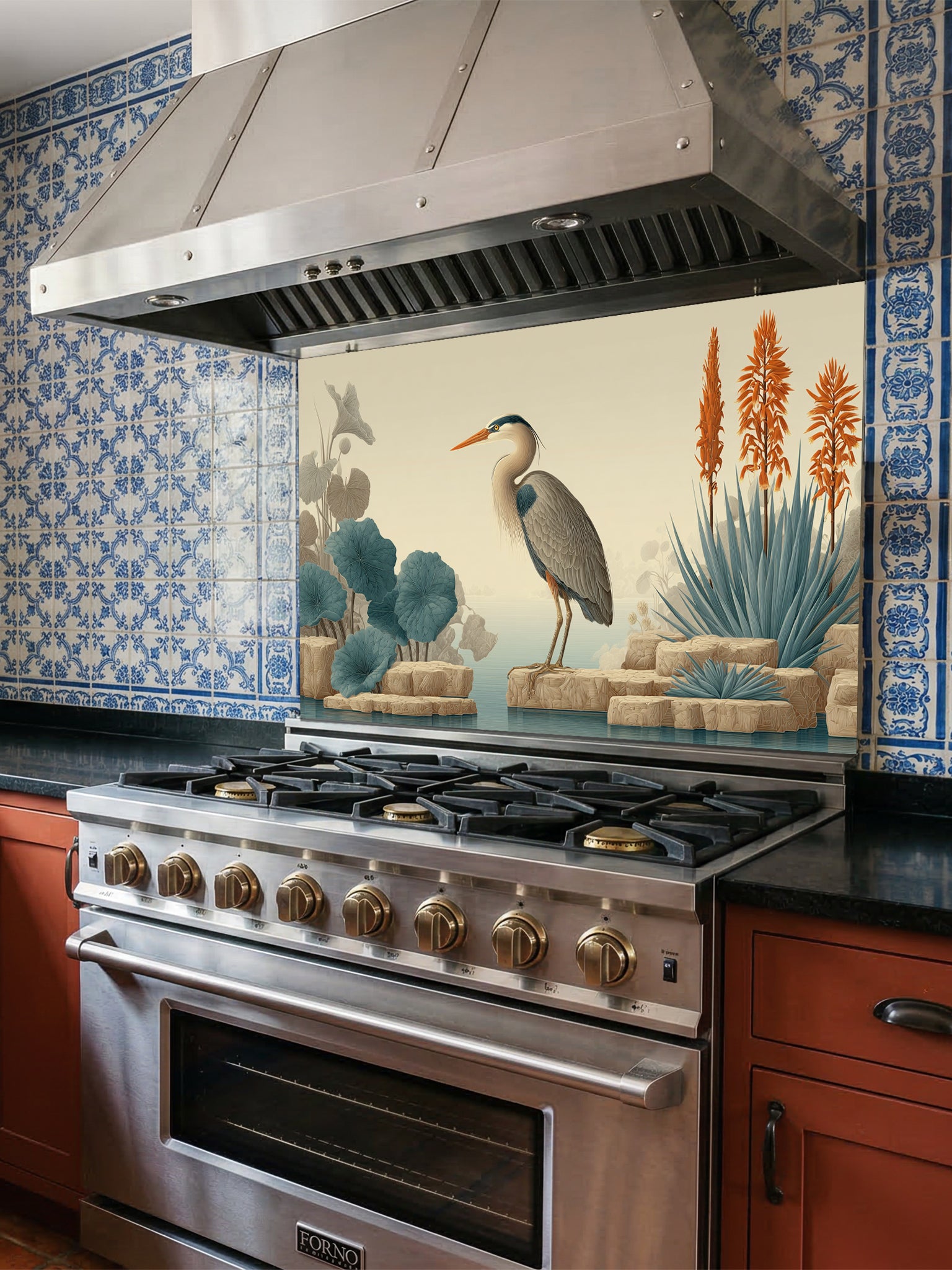 Tempered glass kitchen backsplash featuring a highly realistic illusion of a vintage naturalist illustration showing a serene blue heron standing on beige rocks among muted teal lotus leaves and tall orange exotic flowers against a soft cream background, installed behind a modern black stove.
