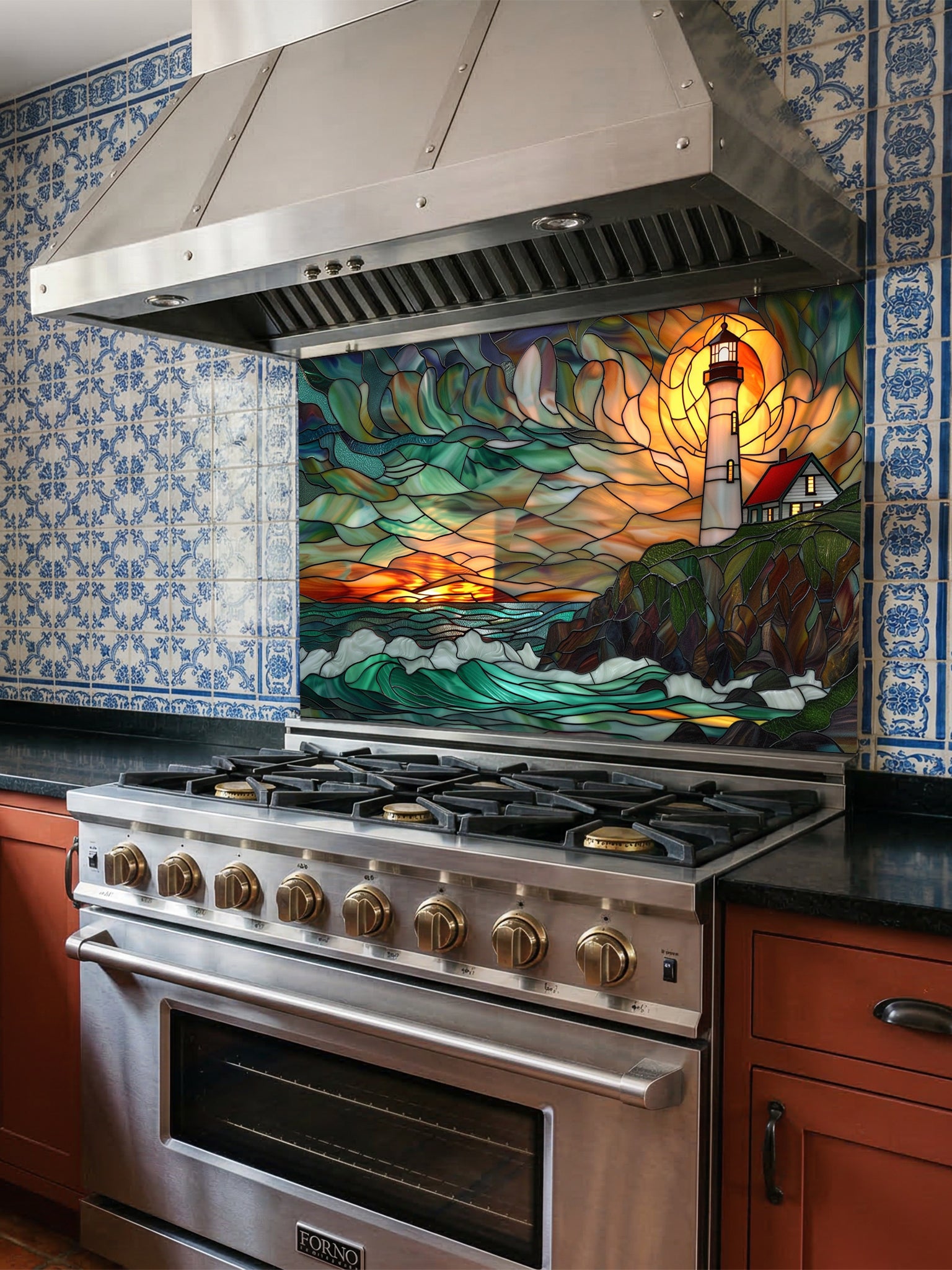 Tempered glass kitchen backsplash featuring a highly realistic 3D illusion of scenic stained glass art showing a classic lighthouse with a red roof on a rocky cliff overlooking turbulent teal ocean waves under a vibrant orange and amber sunset sky, installed behind a modern black stove.