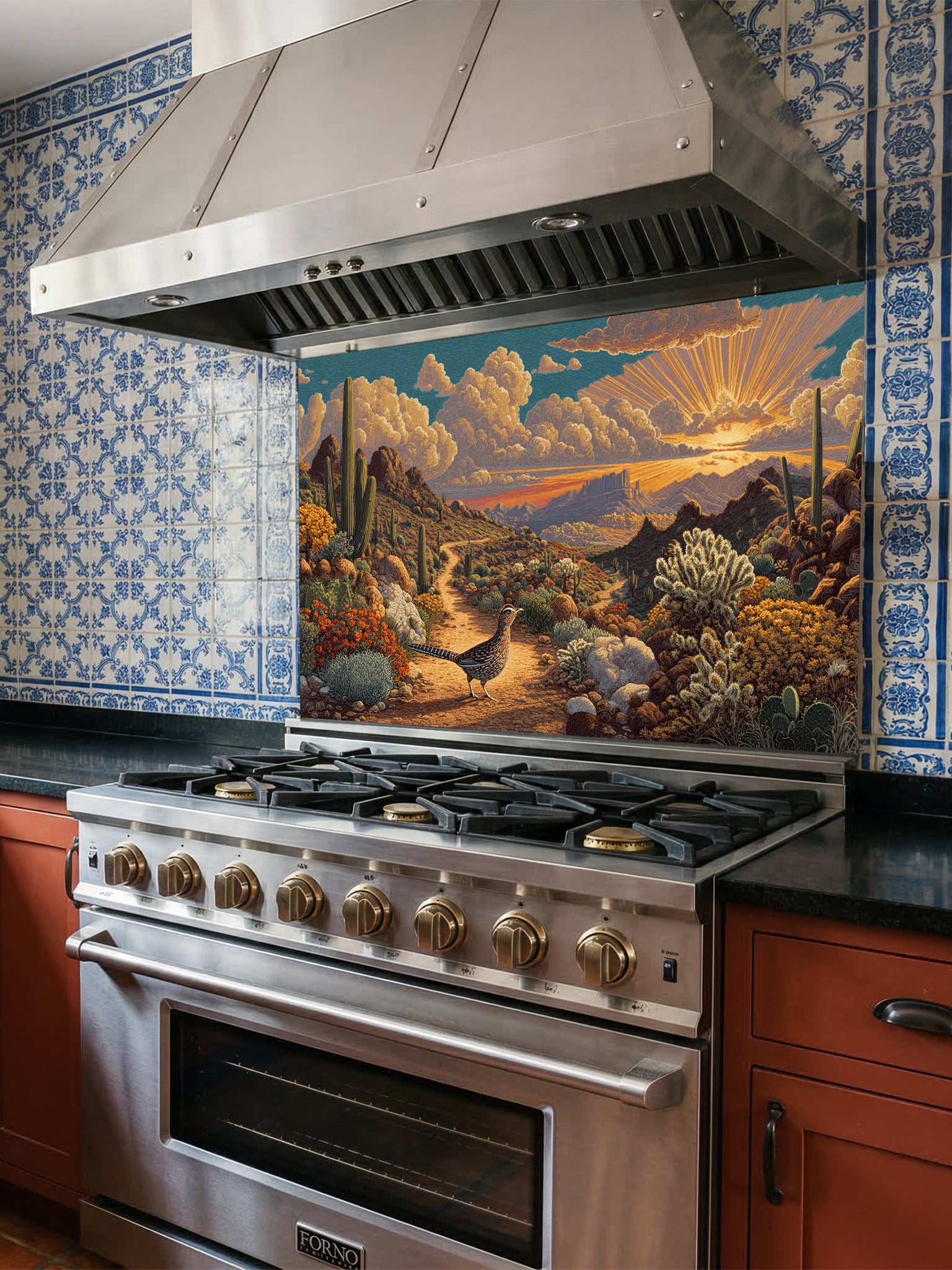 Tempered glass kitchen backsplash featuring a highly realistic 3D illusion of a vintage impasto oil painting showing a beautiful Southwestern desert landscape with a dirt trail, saguaro cacti, blooming flora, a quail, and a radiant sunburst sunset, installed behind a modern black stove.
