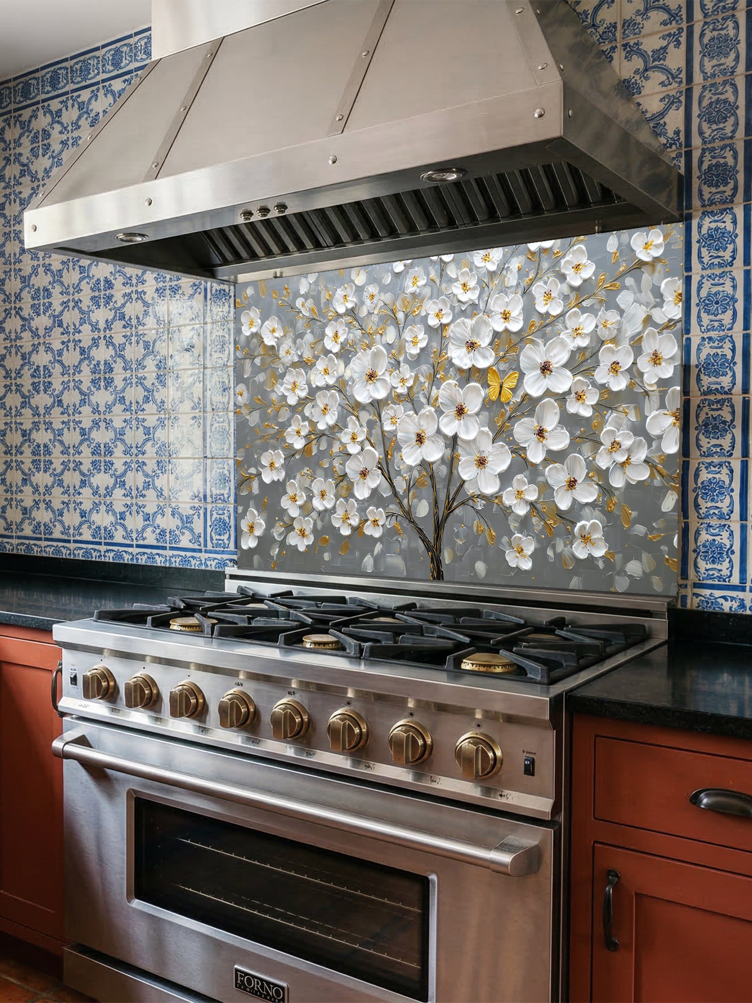 "Faux 3D impasto style painting of a white floral tree with golden accents and a yellow butterfly on a grey background, UV printed on a smooth tempered glass kitchen backsplash."