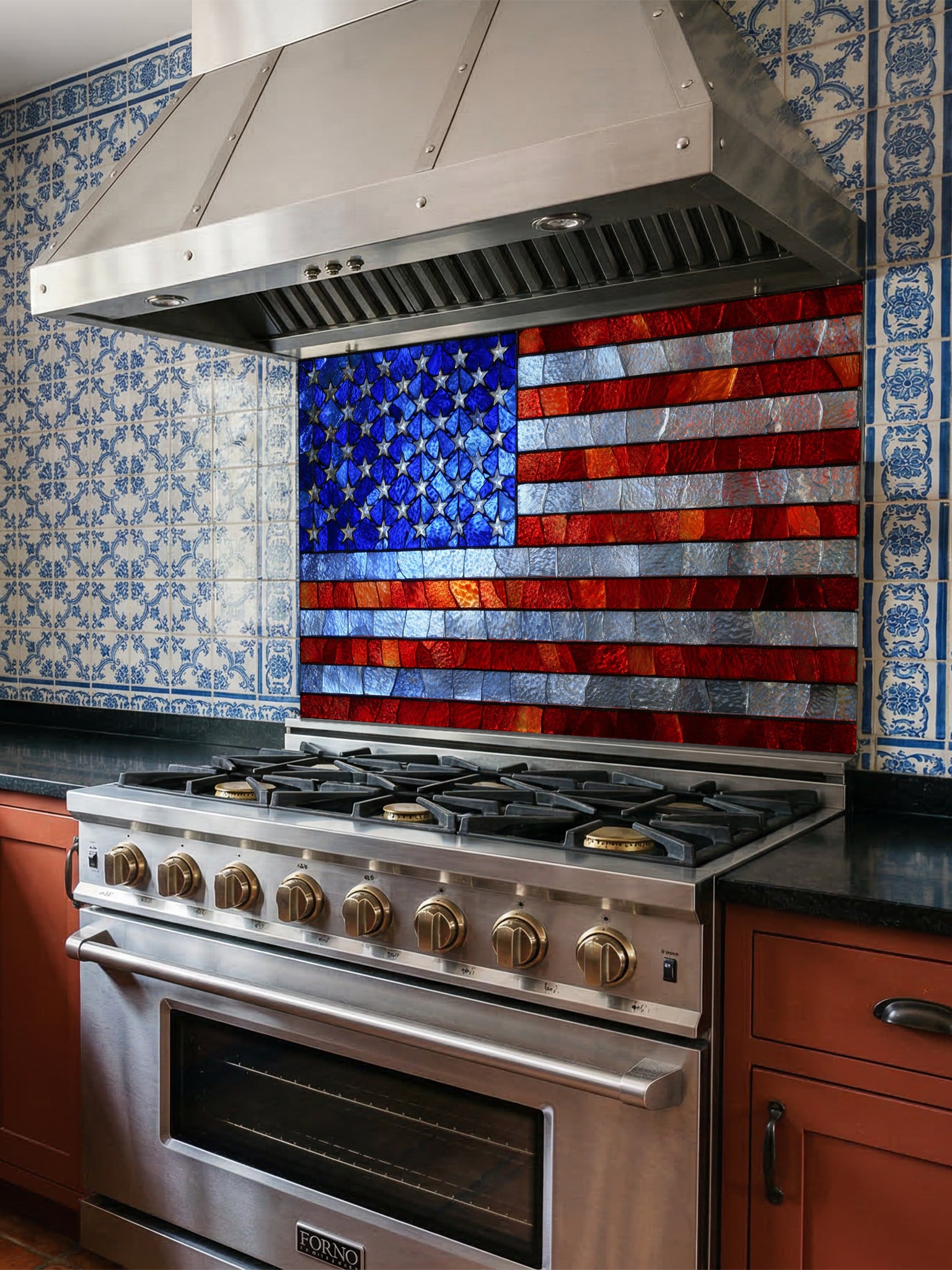 Faux stained glass pattern featuring the American flag with vibrant red, white, and blue textured pieces, UV printed on a smooth tempered glass kitchen backsplash.